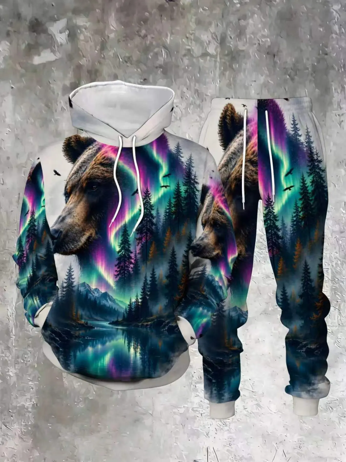 Men's Bear Aurora Forest Full Print Two-Piece Set, Hooded Sweatshirt and Drawstring Pants, Streetwear Casual