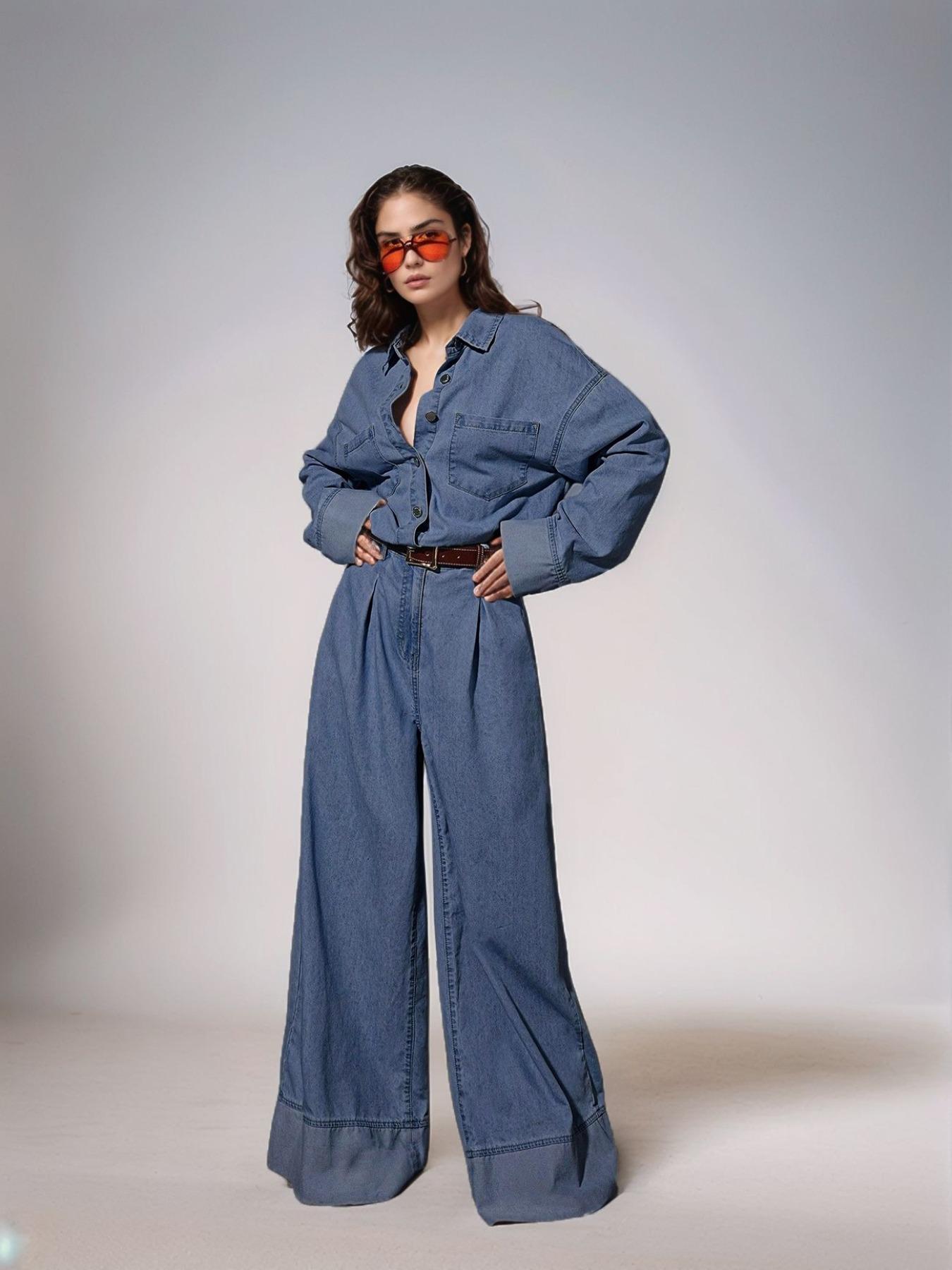 Women's Pocket Denim Jumpsuit without Belt, Casual Fashion Wide Leg Denim Jumpsuit for Daily Wear, Ladies Clothes for All Seasons, Denim Jean Overalls