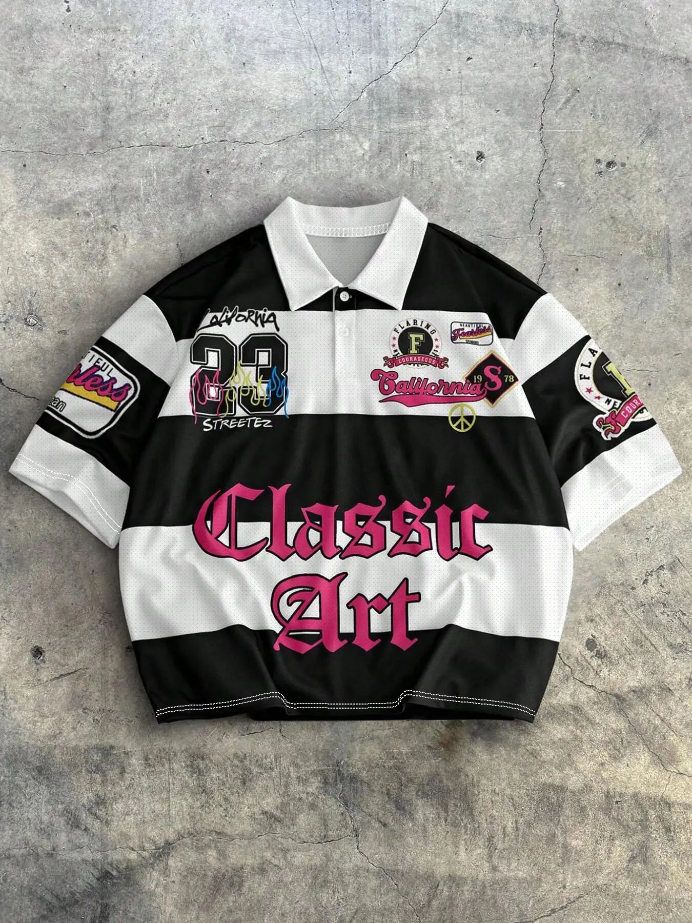 Men's Black White Wide Stripe Short Sleeve Polo Shirt, Multi Patch Number Letter California Classic Art Graphic Chest Print, White Lapel Collar Half Button Placket, Loose Oversized Street Fit, Vintage Sport Daily Casual Top, Streetwear