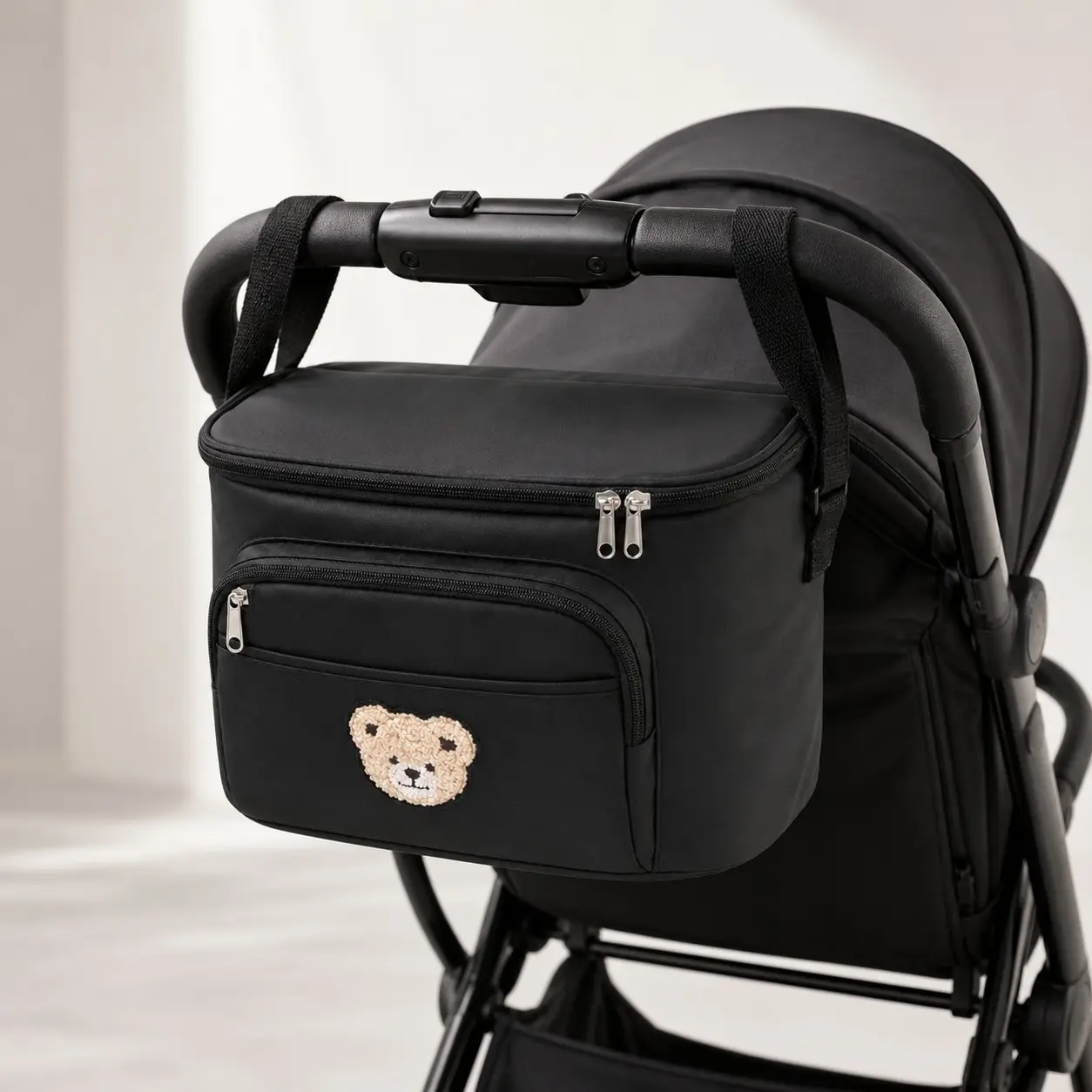 Baby Stroller Hanging Bag, Cute Bear Pattern, Convenient Dual Zipper Main Compartment, Front Pocket, Secure Attachment, & Options