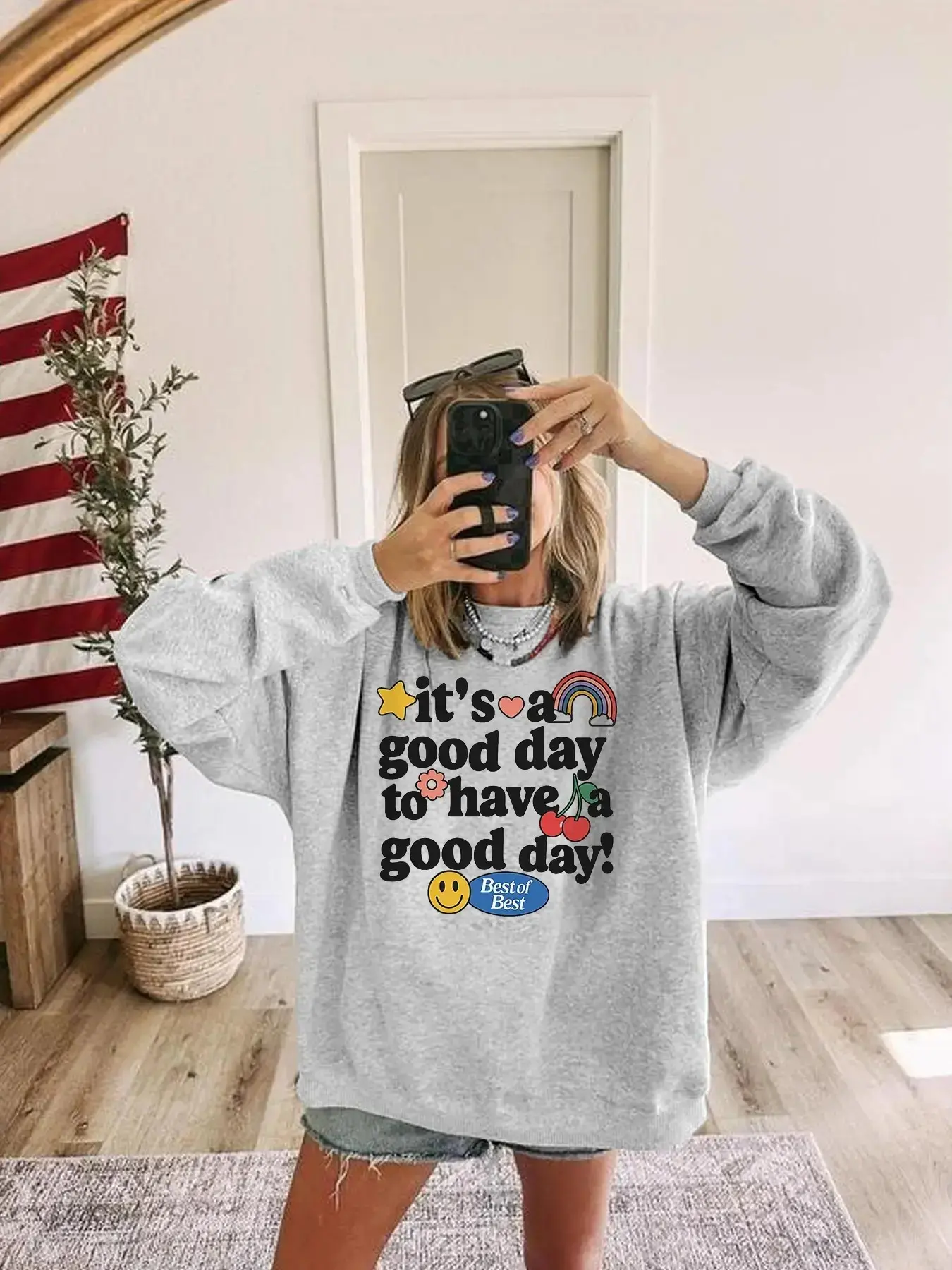 American Vintage Letter Print Round Neck Sweatshirt for Women, Loose Fit Rainbow Cherry Long Sleeve Top, Fall & Winter Casual Wear