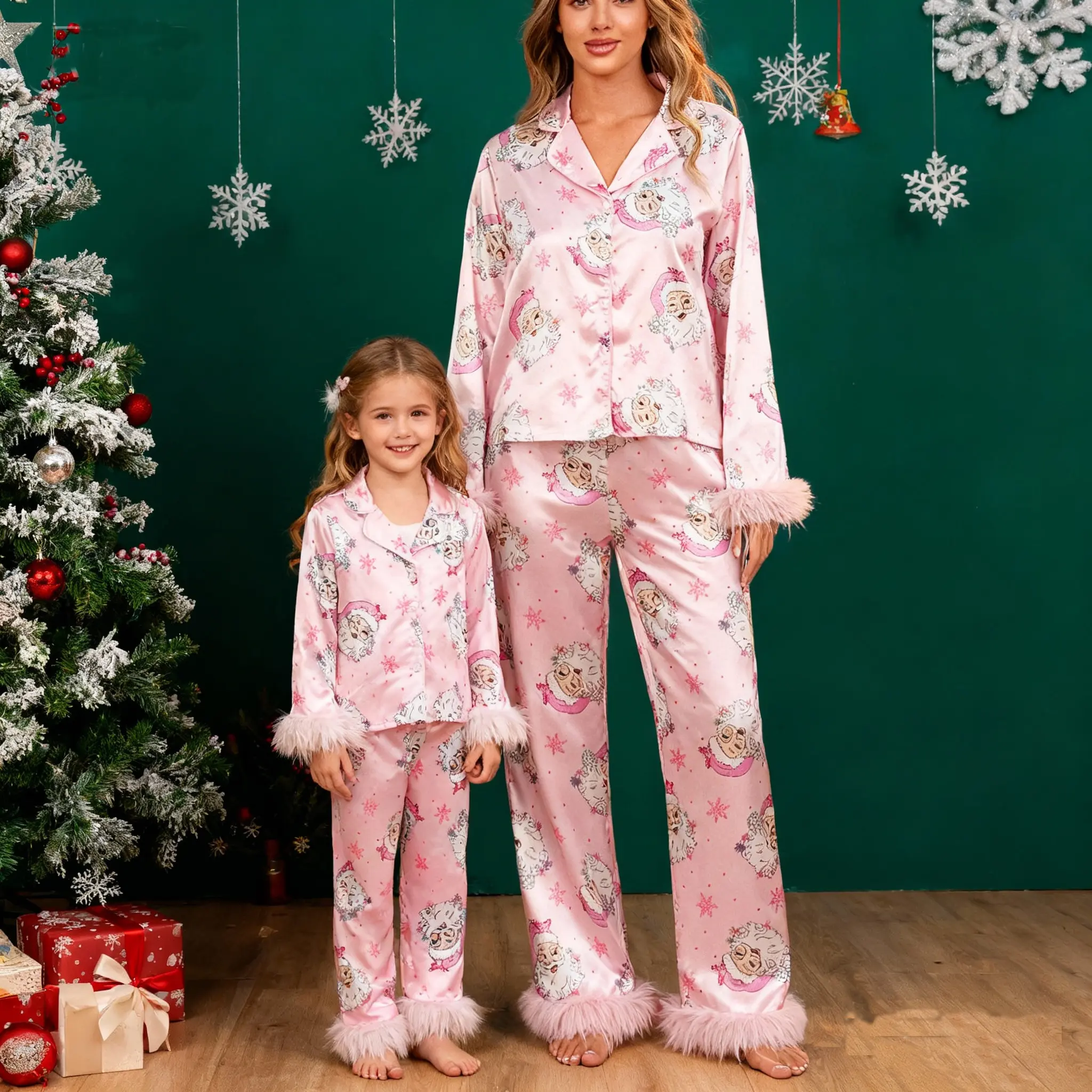 Babamoon Cute Mommy-Me Multi-Size Matching Christmas Pajama Set, Santa Claus Print, Polyester Fuzzy Trim Long Sleeve Tops & Pants Holiday Sleepwear Outfits
