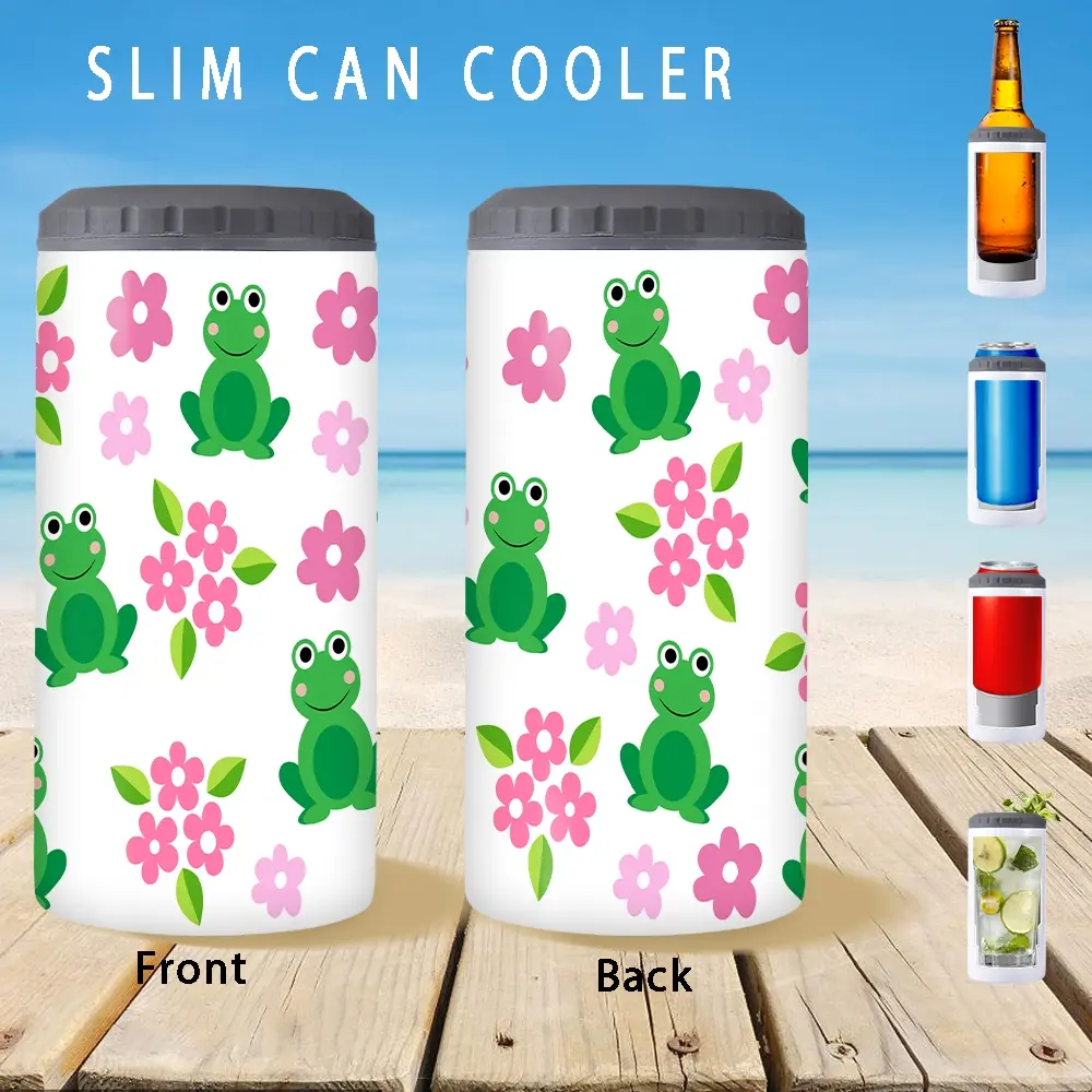 1pc/12oz/350ml,Slim Can Cooler,Insulators,Doucle-Walled Stainless Steel Insulated Slim Cans,2-in-1 Insulated Can Cooler Cup,Frog And Flowers Pattern,Suitable For Celebrating Birthdays And Anniversaries,Christmas Gifts,Holiday Party gifts