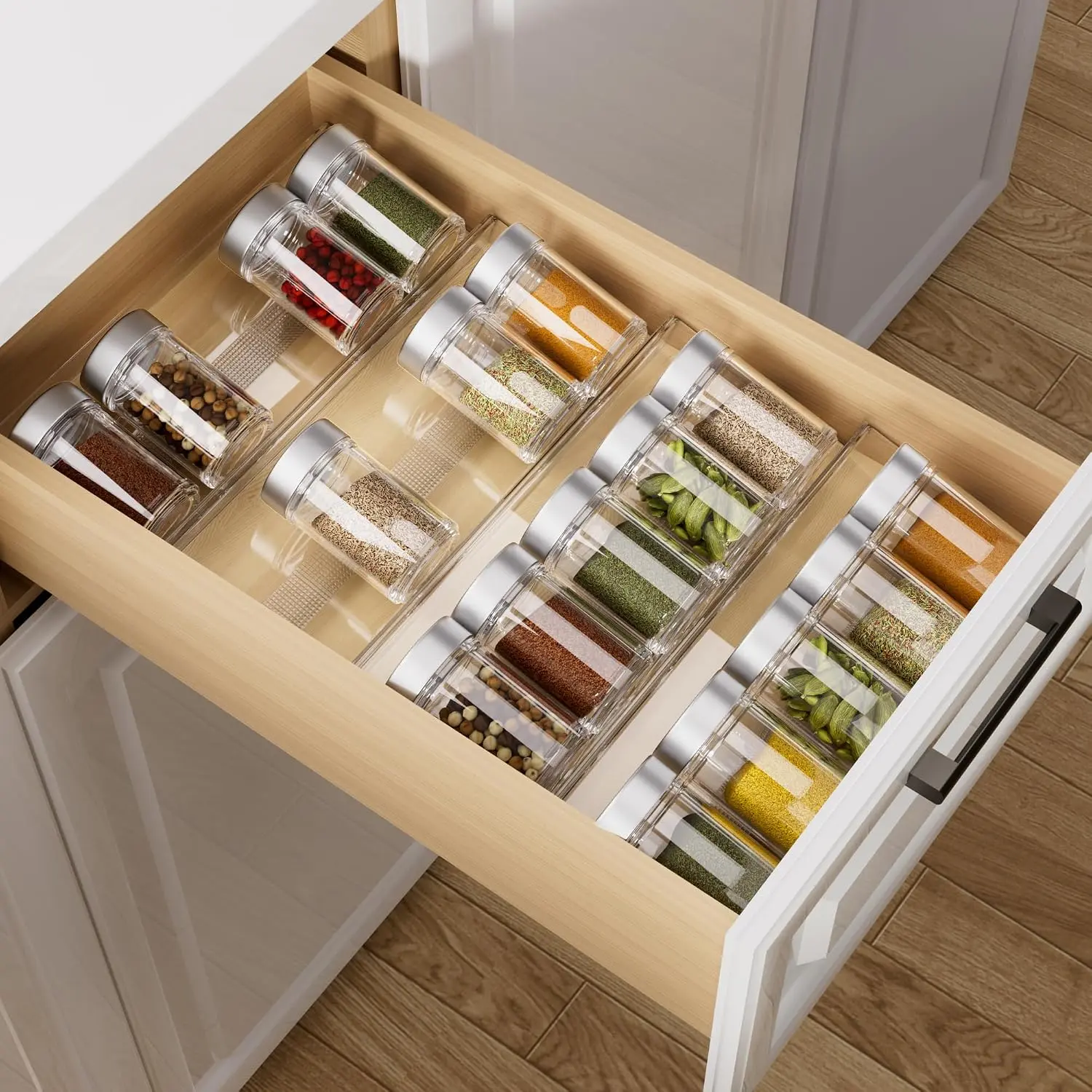 Drawer Organizer, Seasoning Rack, 4 Pack, 2 Tier | Expandable From 13" to 26", Kitchen Drawer  Rack with Slip-Proof Mat, Large Seasoning Organizer Rack(Jars not Included)