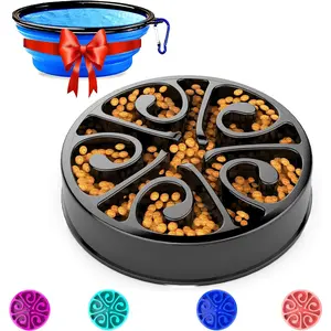 Slow Feeder Dog Bowl - Food Grade Material, Medium Breed (11.8” Diameter, 2.4” High), Fun Puzzle Maze Design, 340 ml, Obesity-Preventing, All Life Stages, Black, Includes Travel Bowl, Bowl/Dish