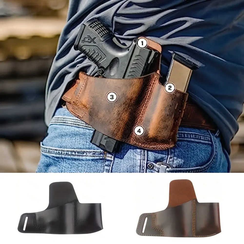 Leather Tactical 1911 Pistol Holster – Belt-Mounted with Magazine Pouch (Concealed Carry/Quick-Draw)