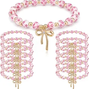 6pcs Vintage Romantic Pink Beads Bow Charm Stretch Bracelet Set, Perfect for Women Birthday Wedding Tea Party Gifts