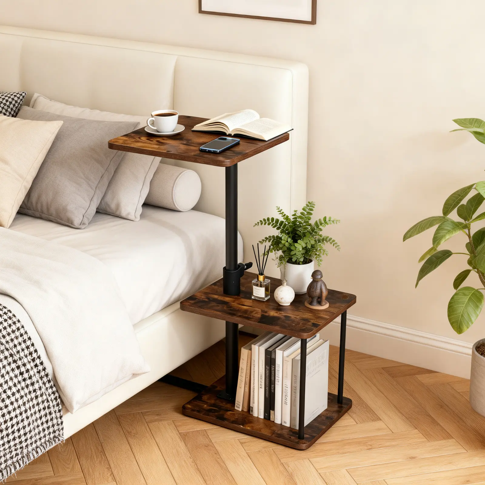 360° Swivel Side Table 3-Tier, Adjustable Height C Shaped End Table for Sofa & Bed, Small Space Nightstand with Storage for Living Room, Bedroom