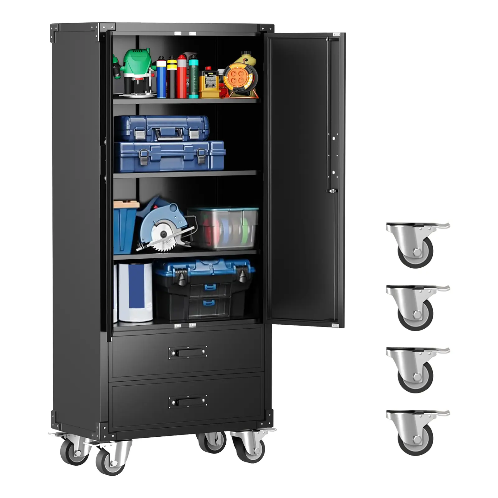 Black Heavy Duty Rolling Metal Garage Cabinet with Drawers, Lockable Steel Doors & 3 Adjustable Shelves, Mobile Tool Organizer on 4 Locking Wheels for Workshop & Warehouse, Easy Assembly