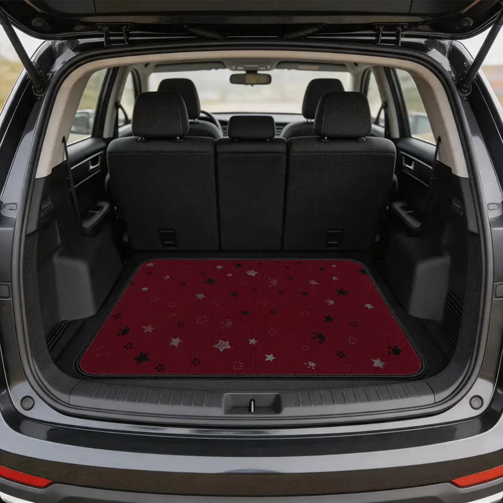 Burgundy Star Paw Print Car Trunk Mat - Star Pattern Woven Fabric, Anti-Slip Waterproof Mud Blocker, Easy-Clean Universal Fit Cargo Liner for Pet Lovers' SUV Truck Van Interior Accessories
