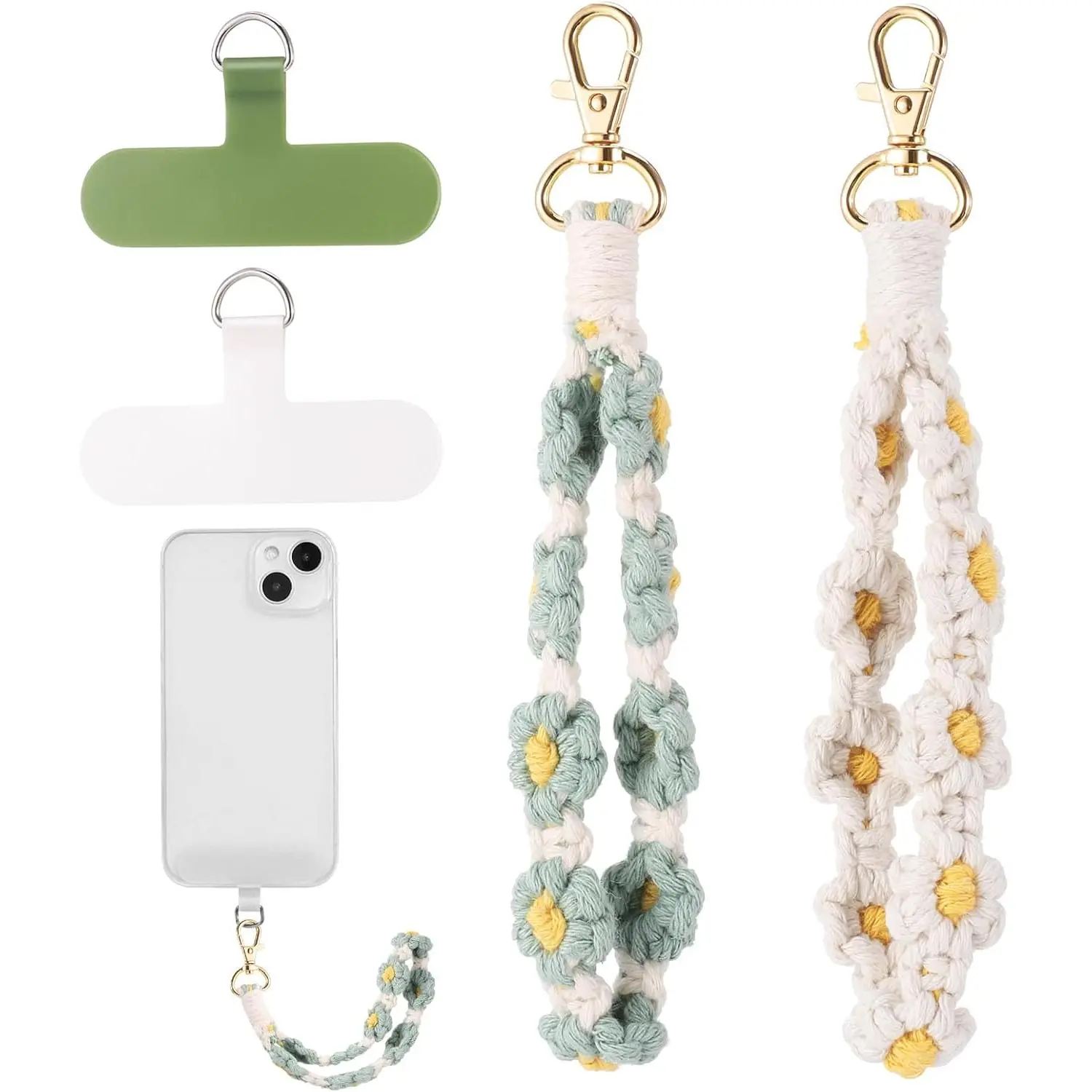 2 count Boho Macrame Phone Wrist Strap,Cute Cell Phone Lanyard with Tether Tab Floral Smartphone Wristlet Bracelet  Anti  Strap for Women (White+Green)