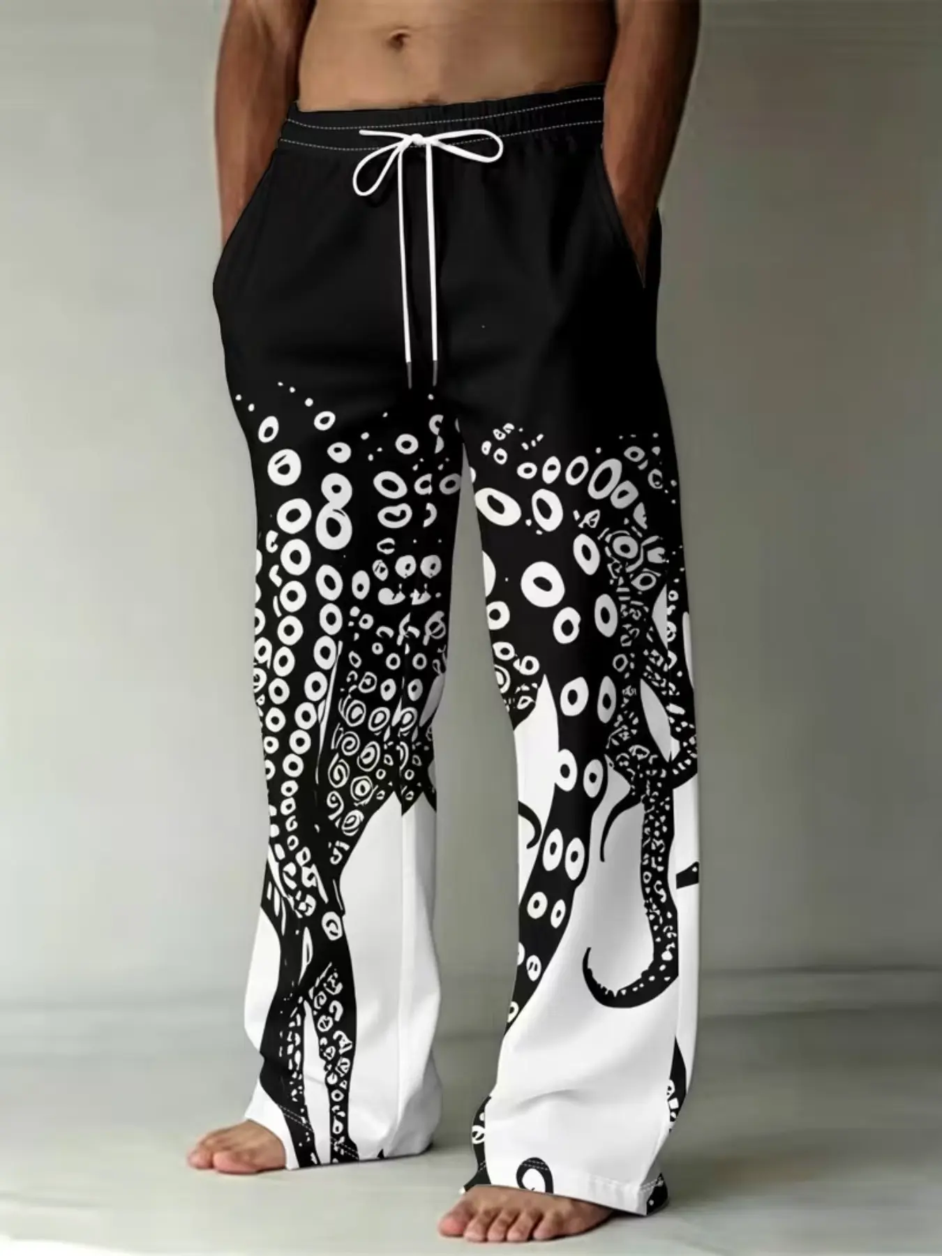 Men's Fashion Printed Straight Leg Pants, Octopus Tentacles, Circle Texture, Pockets, Drawstring, Casual Loose Fit