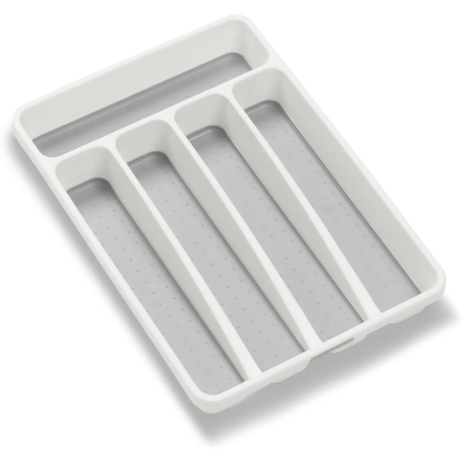 Small Silverware Tray, Compact 5 Compartment Flatware Organizer for Forks, Knives & Spoons, Non Slip, Soft Grip Lining, Fits Small Drawers, White