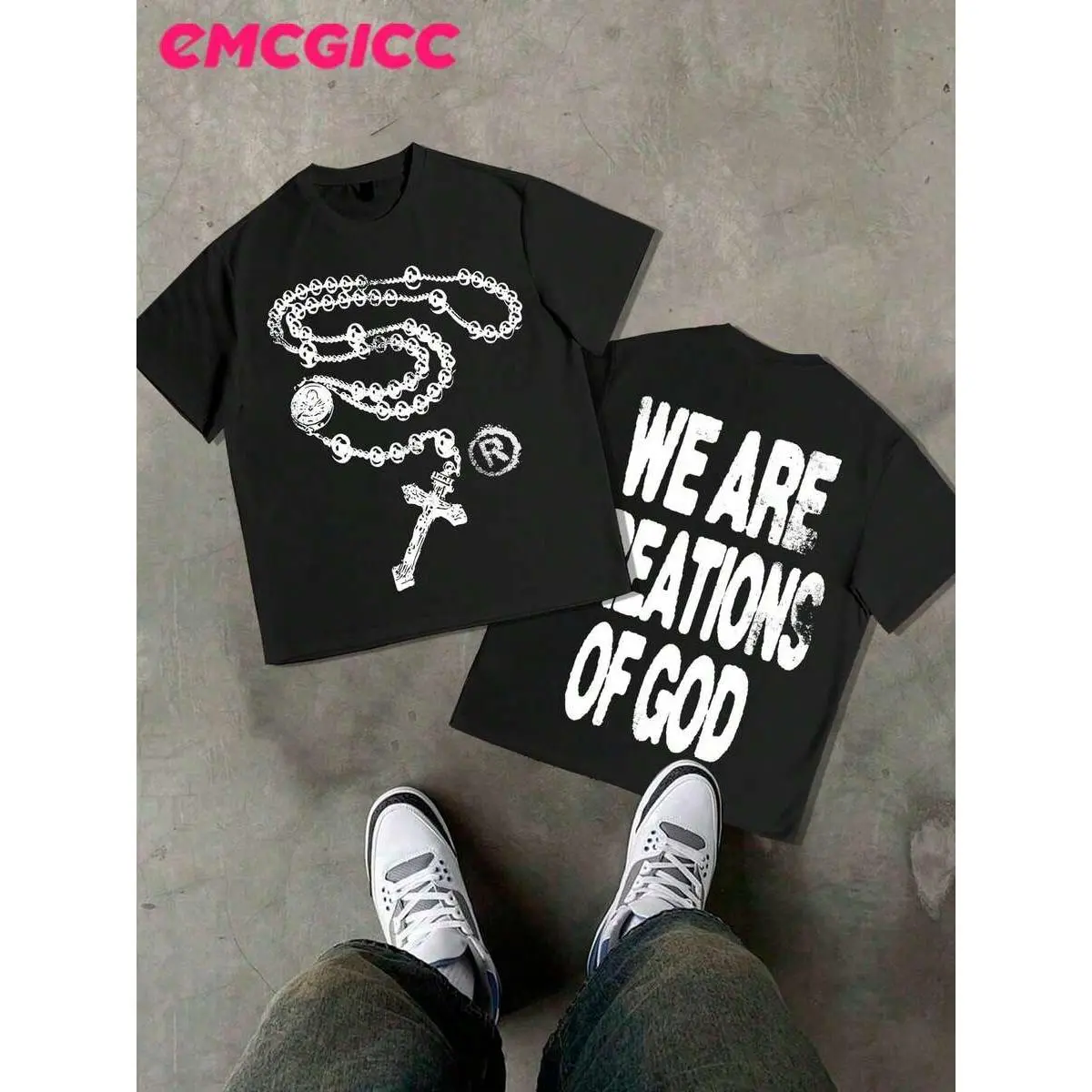 We Are Creations Of God Double Sided Print Rosary Cross Graphic T Shirt Christian Faith Oversized Cotton Unisex Streetwear Tee
