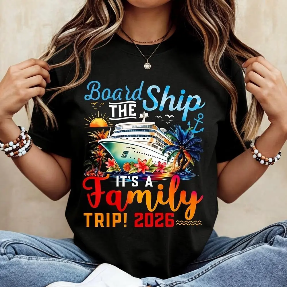 Unisex Cotton Graphic T-Shirt, Family Trip 2026 Cruise Design, Casual Short Sleeve Crewneck for Summer Vacation Travel Wear, Streetwear, Shortsleeve, Basic