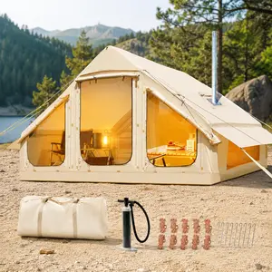 DoCred Inflatable Camping Tent with Pump, Glamping Tents with Stove Jack, Easy Set up 4 Season Waterproof Windproof Outdoor Gazebo, Luxury Cabin Tent with Removable Mesh Windows & Doors for Beach, Backyard, Sleepovers, Camping,summerwins