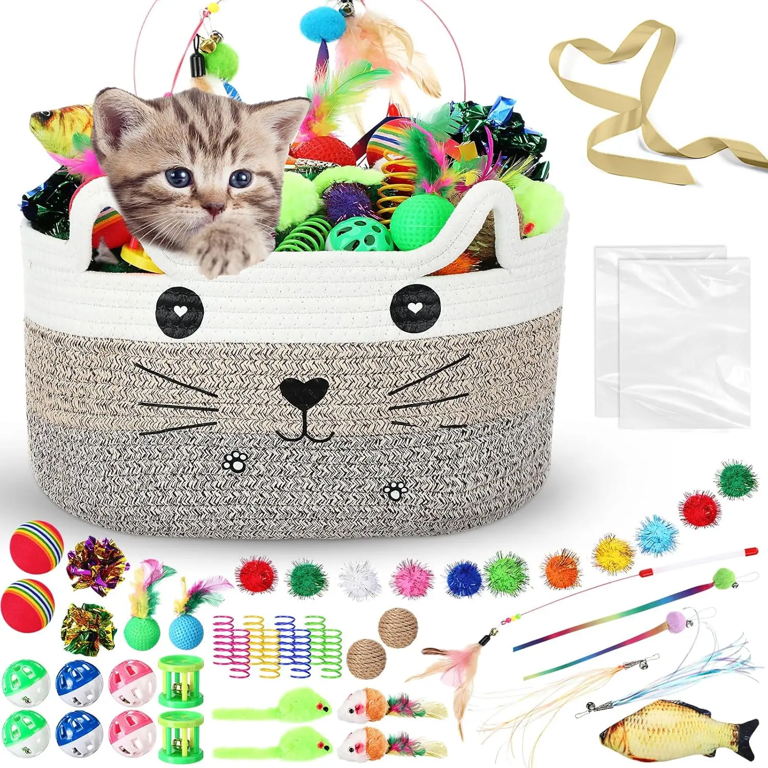 Zopeal 76 Pcs Graduation Cat Storage Basket Gift Toys Set Interactive Cat Toys Kitten Wand Colorful Flashing Balls Pet Crinkle Balls Attract Kitten to Swat, Hunt for Pet Indoor(Brown)