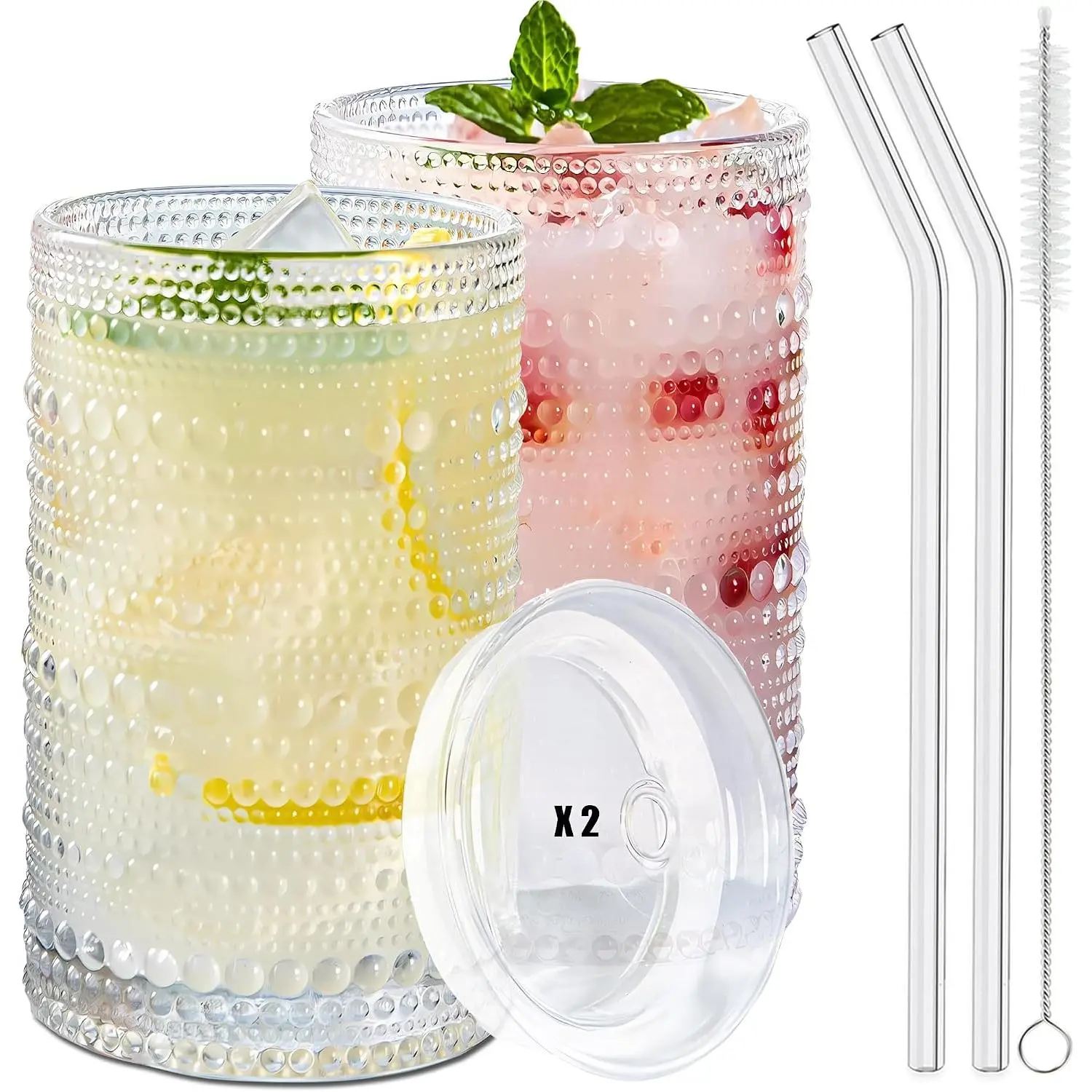 2 count Iced Coffee Glasses Cups with Glass  and Straws,12 oz Thick Emboss Beaded Drinking Glass Cup Set,Latte Glasses,Ideal for Water,Soda, with Cleaning Brushes