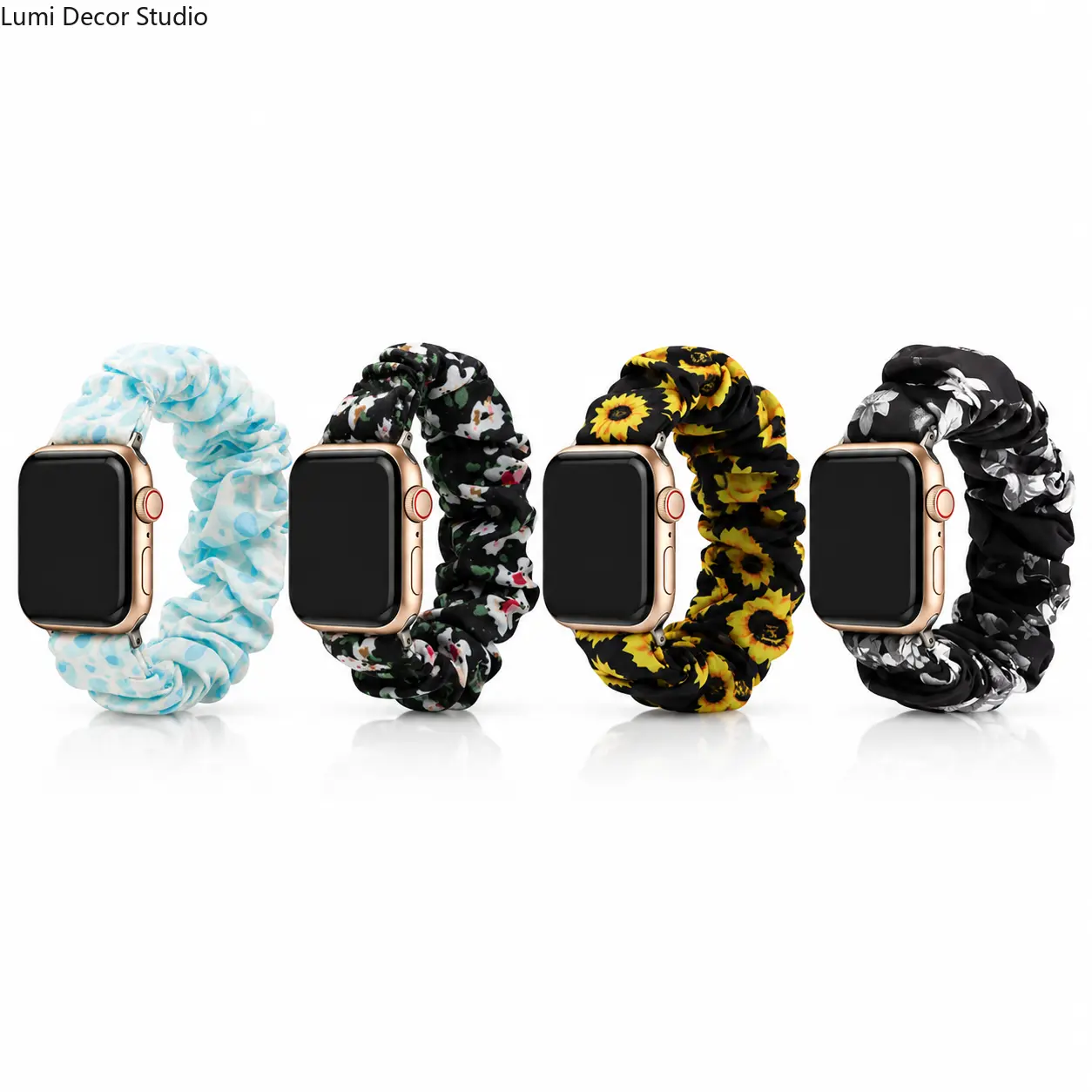 4 Pack Floral Scrunchie Apple Watch Bands, Stretch Elastic Fabric Straps Featuring Cottagecore Inspired Patterns and Comfortable All Day Wear