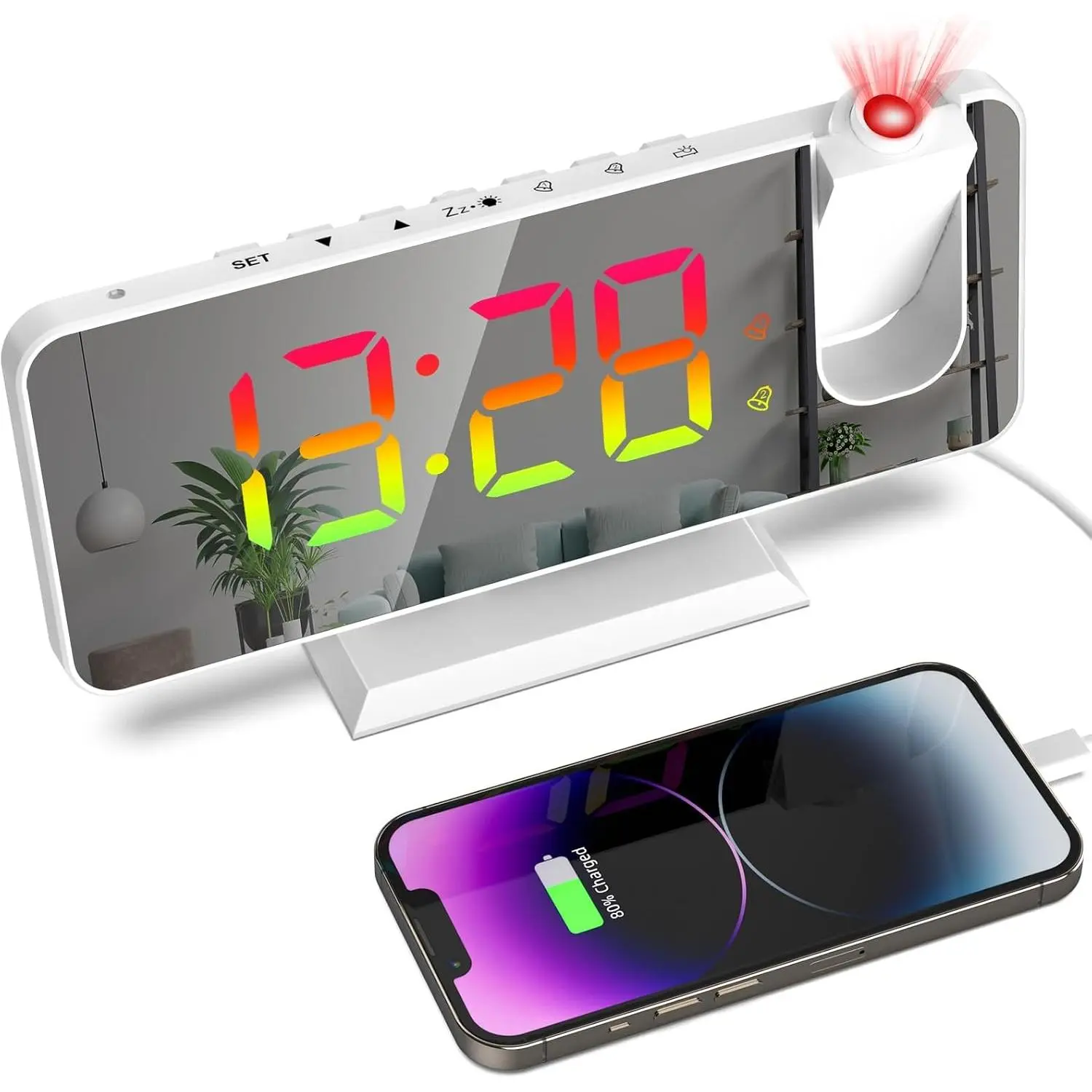 180° Rot Ceiling Projection  Clock RGB Mirror  Dimmable Bedroom Digital Clock (White)