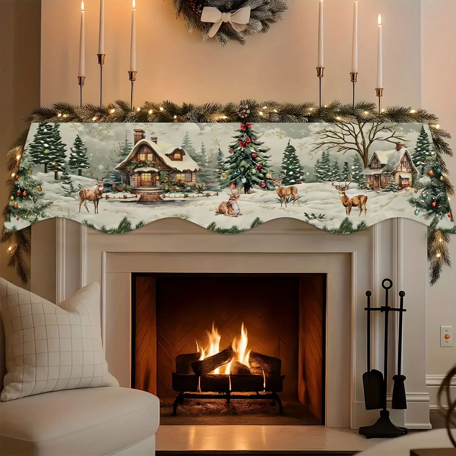 1pc,Christmas House Snow View Fireplace Banner, Christmas Party Decoration, Christmas Fireplace Decoration, Home Decoration