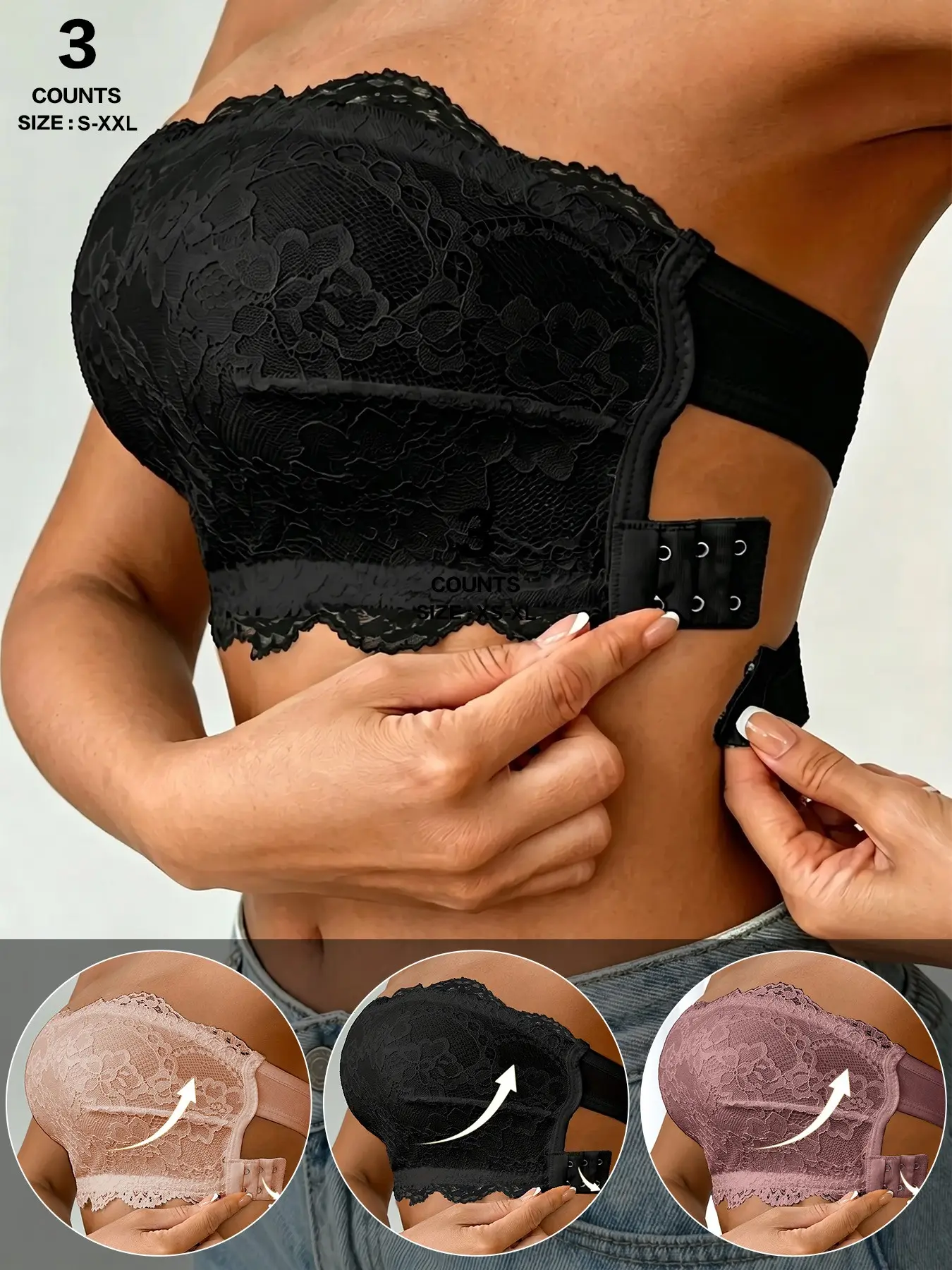 Women's Strapless Lace Push-Up Bra, Side Buckle Low Back Racerback Bra, Wireless Comfortable Elegant Bra for Daily Wear, Wedding Party, Backless Bras