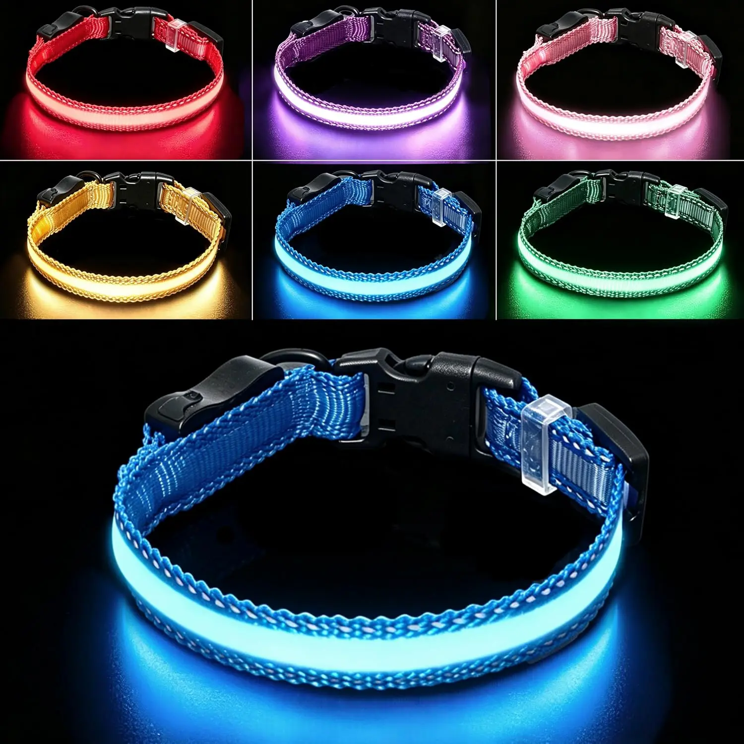 USB Rechargeable LED Dog Collar, Waterproof, Adjustable, Glowing, for Small Dogs, Night Walking, Camping, Jogging, Blue, S (Neck 12-18", Width 5/8")