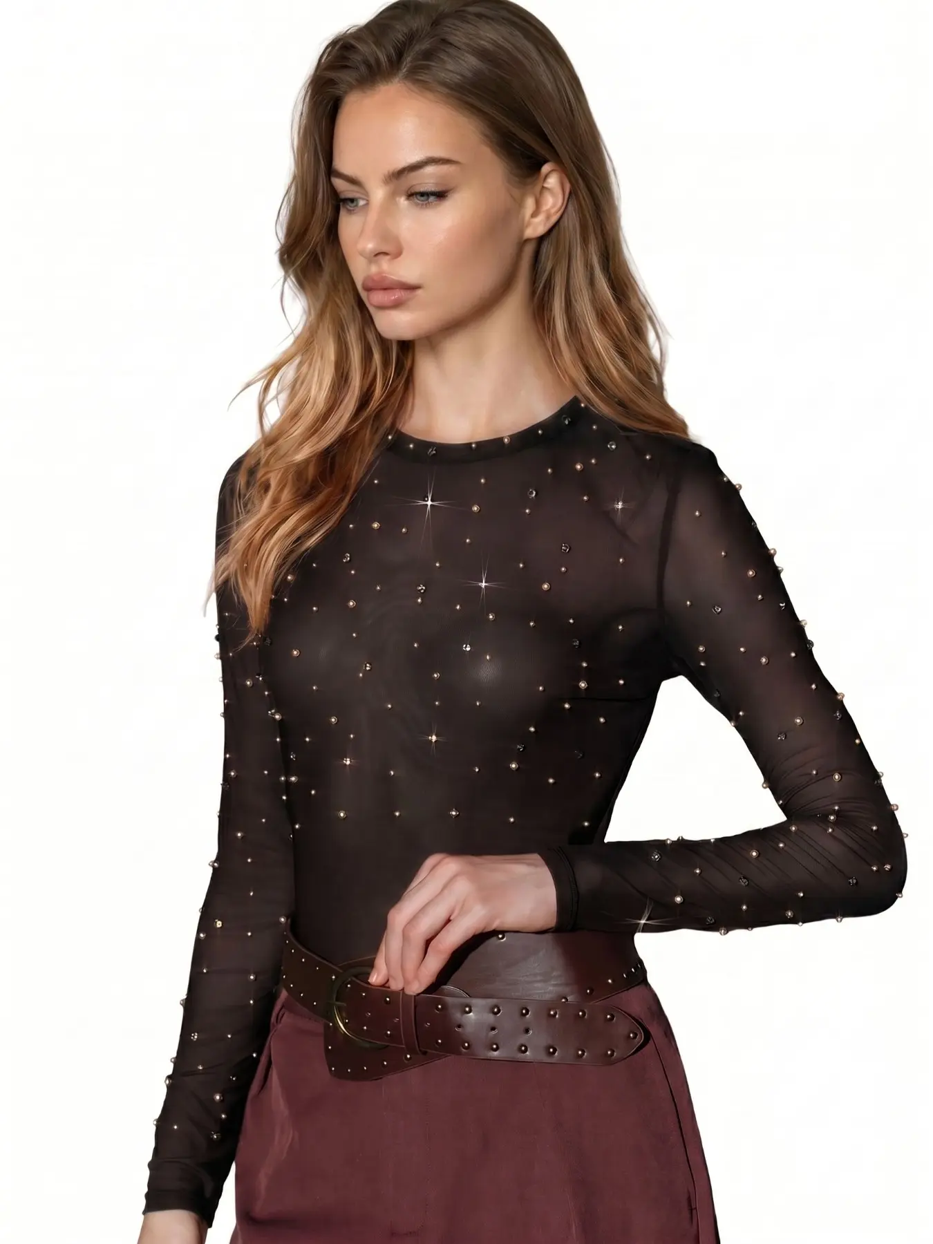 Elegant Top for Spring/summer Parties, Long Sleeve Round Neck Tee with Pearl Detailing, High Stretch Transparent Design, Style
