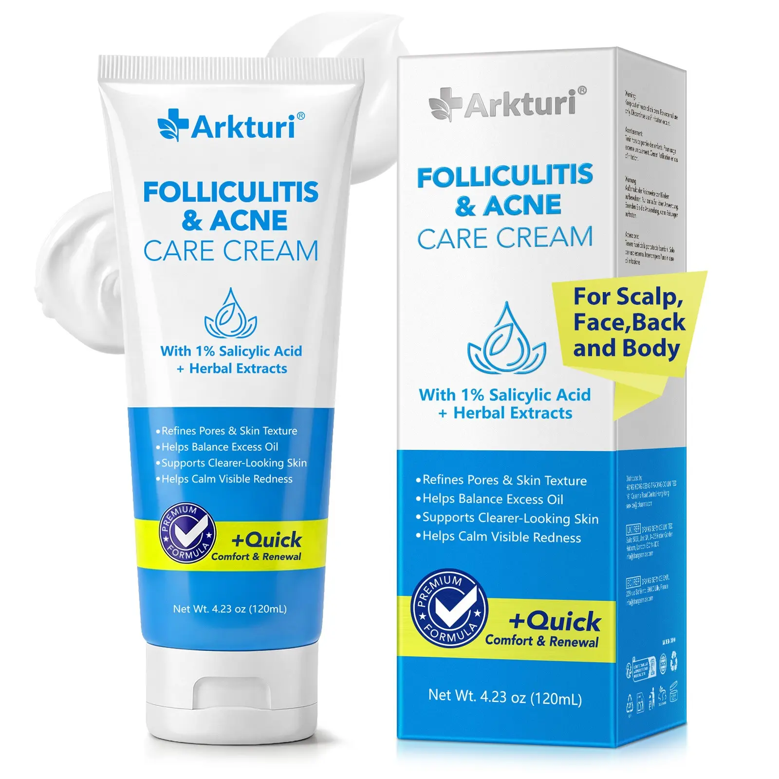 Arkturi Acne Care Cream 120mL, for face and body; effective for facial acne, back acne, and chest blackheads; all-in-one care for acne-prone skin all over the body; suitable for both men and women