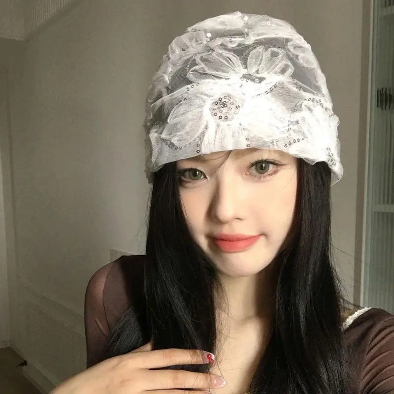 Women's Lace Mesh Beanie with Sequin Flowers Summer Sheer Pullover Hat Vintage French Style Skull Cap