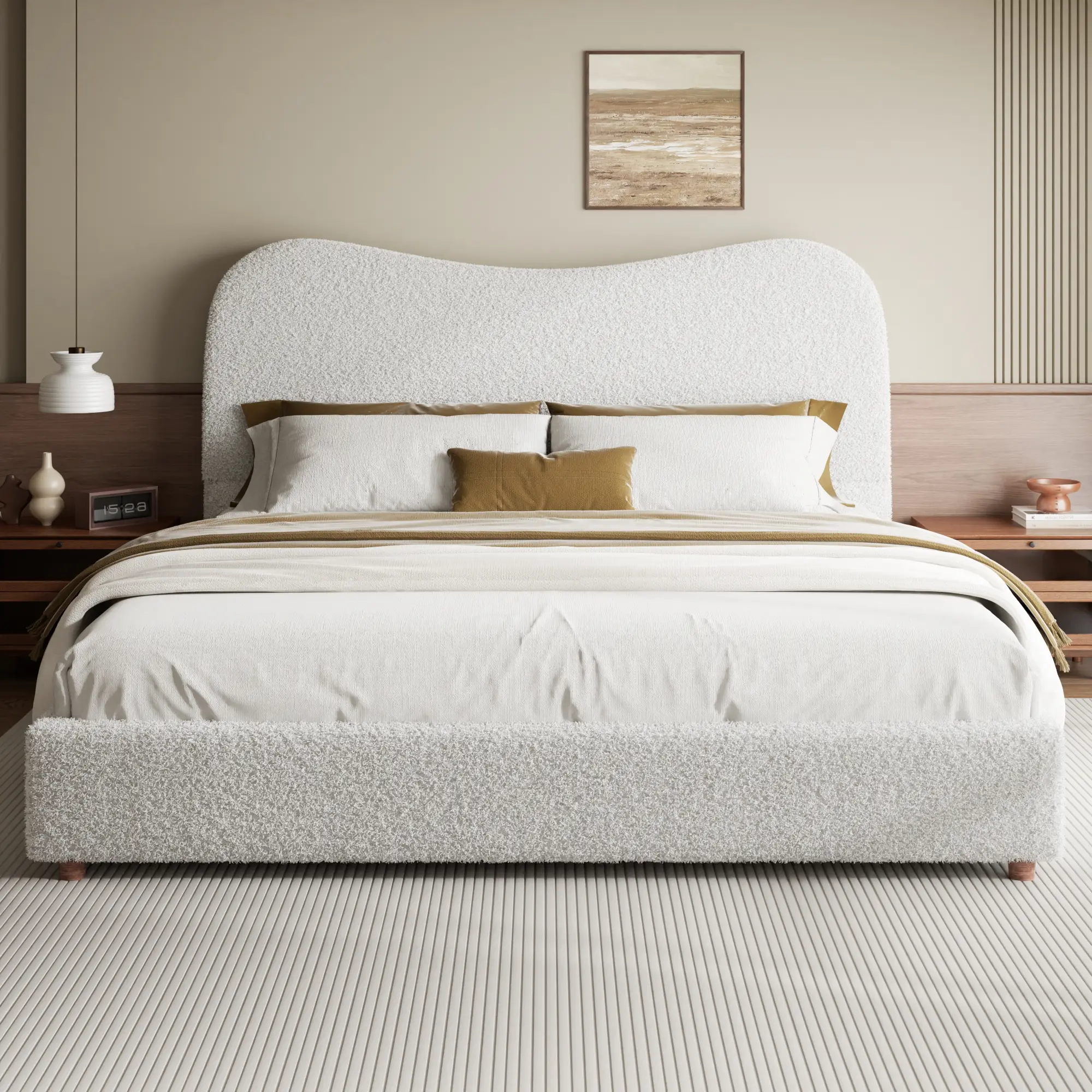 Wave Curved Headboard Boucle Upholstered Platform Bed Frame, Fluffy Teddy Fleece Soft Bed Base, Solid Wood Slat Support, No Box Spring Needed, Noise-Free Modern Minimalist Bed for Twin Full Queen King Bedroom