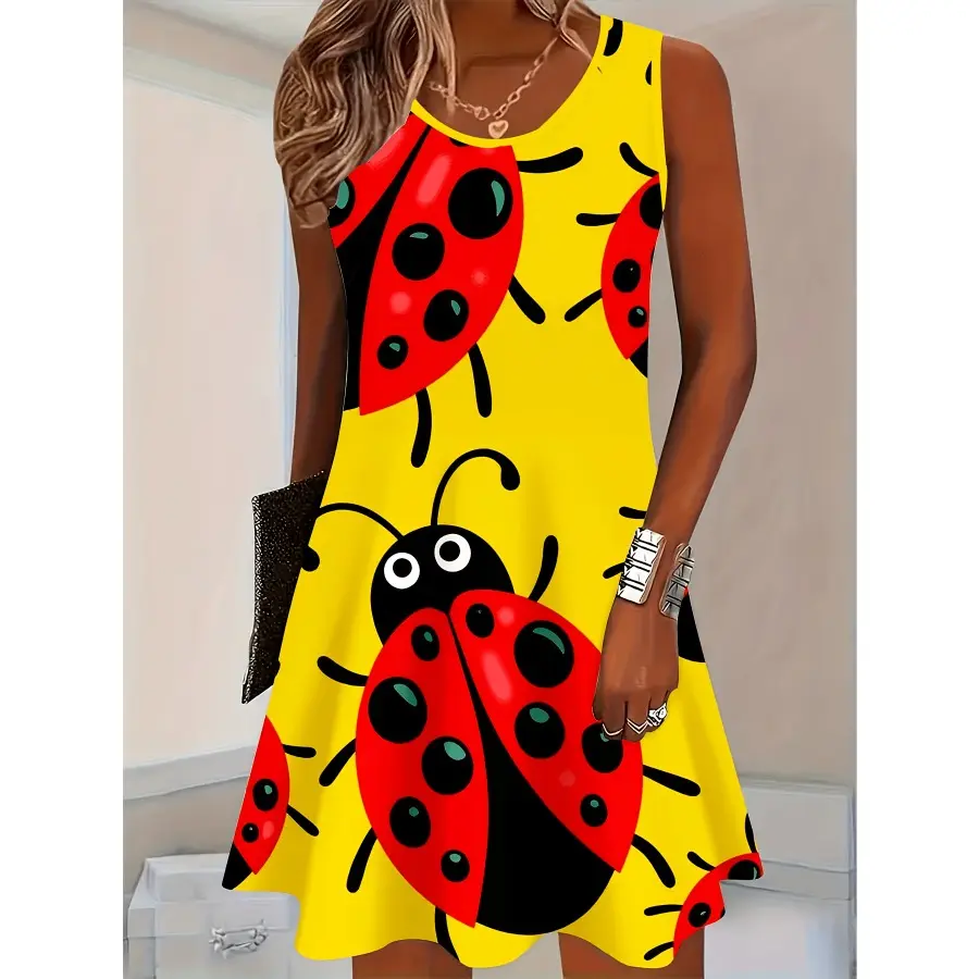 Bohemian super cute sleeveless dress with a ladybug pattern for ladies. Perfect for beach parties and everyday wear, this casual summer provides comfort