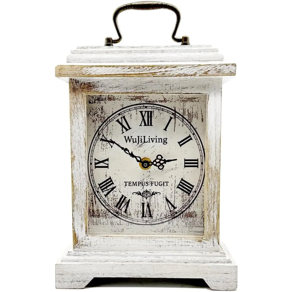 Rustic White Distressed Wood Mantel Clock, Silent Quartz Roman-Numeral Shelf/Fireplace Table Clock for Living Room & Home Décor
