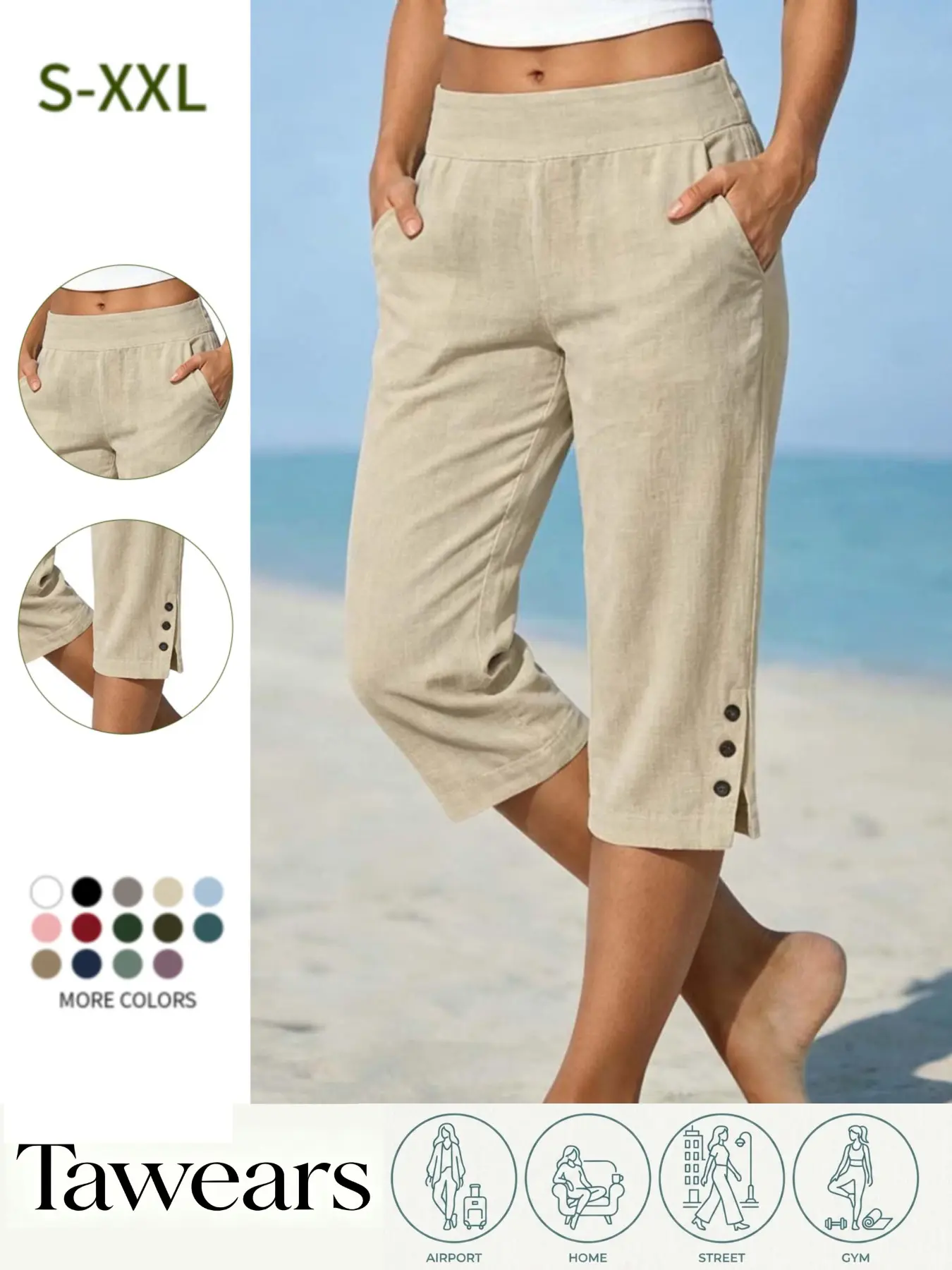 Women's Straight Leg Casual Pants, Elastic Waist, Split Hem, Button Detail, Pockets, Breathable Comfort, Summer Beach Trousers, Weekend Party, Travel