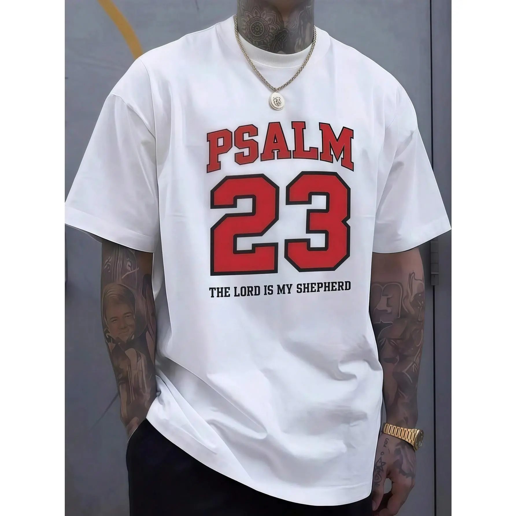 1pc Mens Clothes Psalm 23 Scripture Print White TShirt, Unisex Casual Crew Neck Tshirt, Plus Size Men's Clothing 5XL, Lightweight 220gsm Knit Fabric, Machine Washable, For Spring/Summer/Fall Easter/Christmas/Thanksgiving shirt black graphic