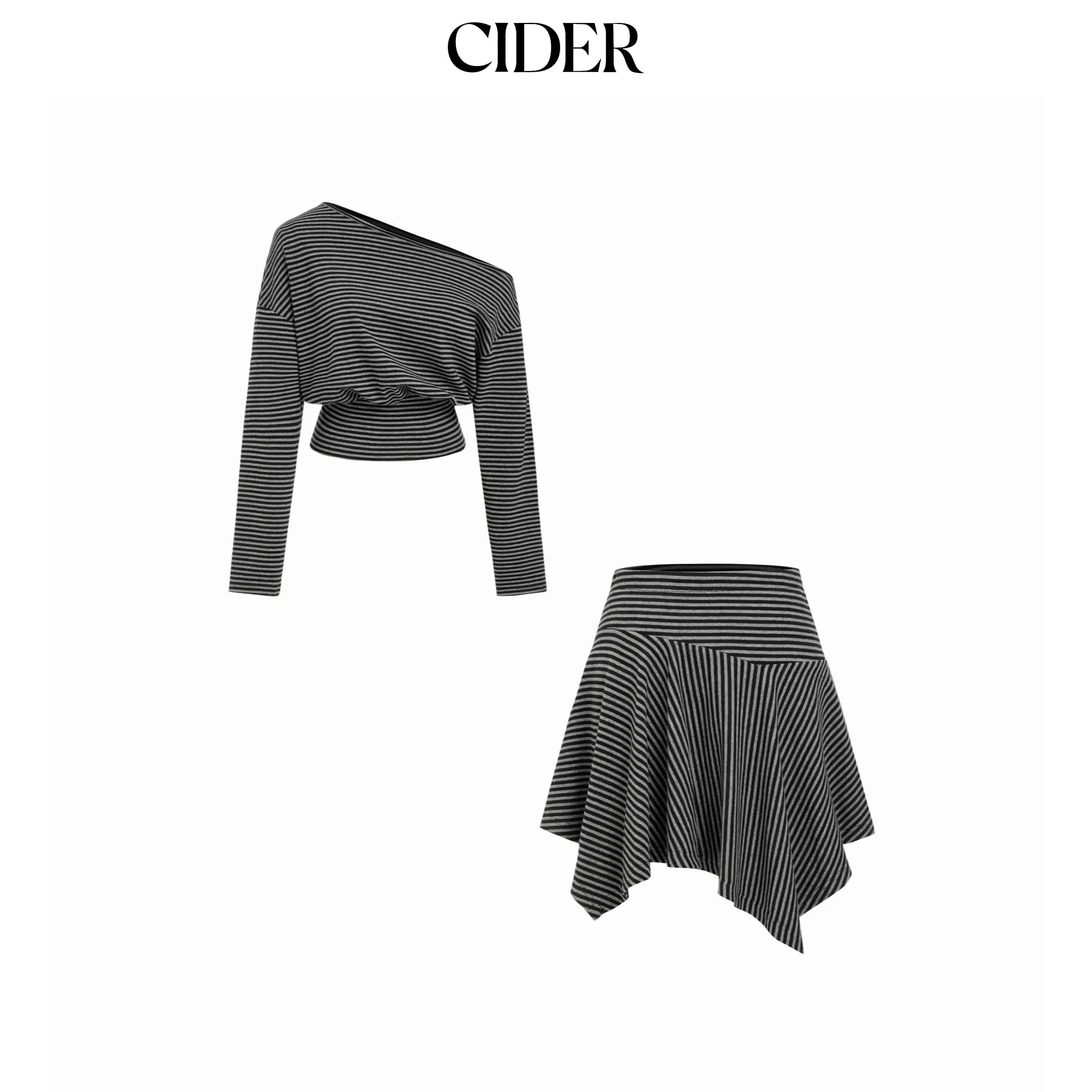 Cider Cotton-blend Asymmetrical Neck Stripe Top & Mid Rise Hanky Hem Midi Skirt Set