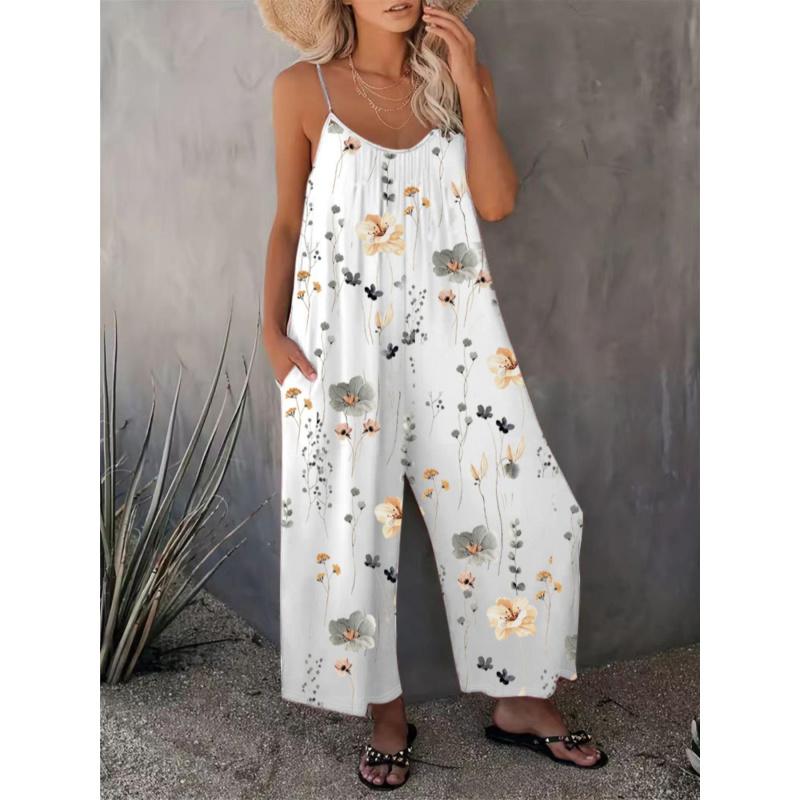 Comfortable Loose Jumpsuit U Neck Ruched Fit Sleeveless Floral Pocket Design Perfect Vacation Selection Precise Tailoring Casual Summer Beach Holiday Travel Resort Outfit Women'S Romper Jumpsuit With Pockets Flowy Beach Cover Up Summer Clothes 2026