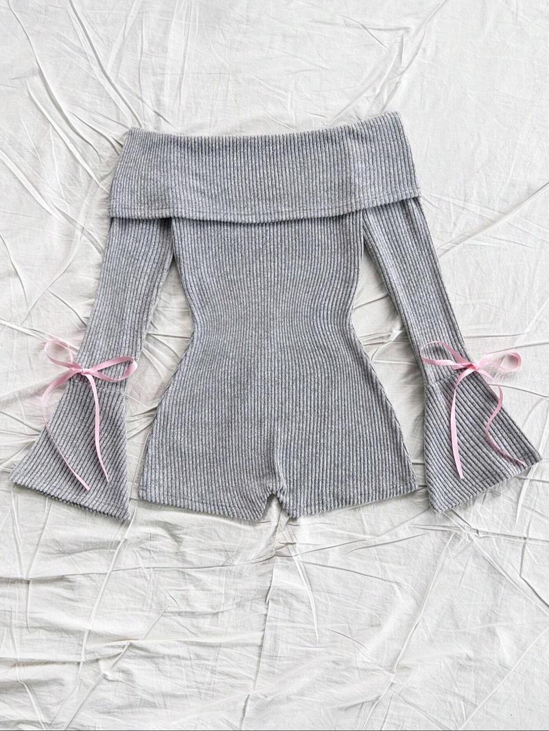 Women's Solid Ribbed Off Shoulder Flounce Sleeve Romper, Casual Fashion Cozy Romper for Daily Outdoor Wear, Women's Clothes for Spring & Fall, Casual Comfy Jumpsuit