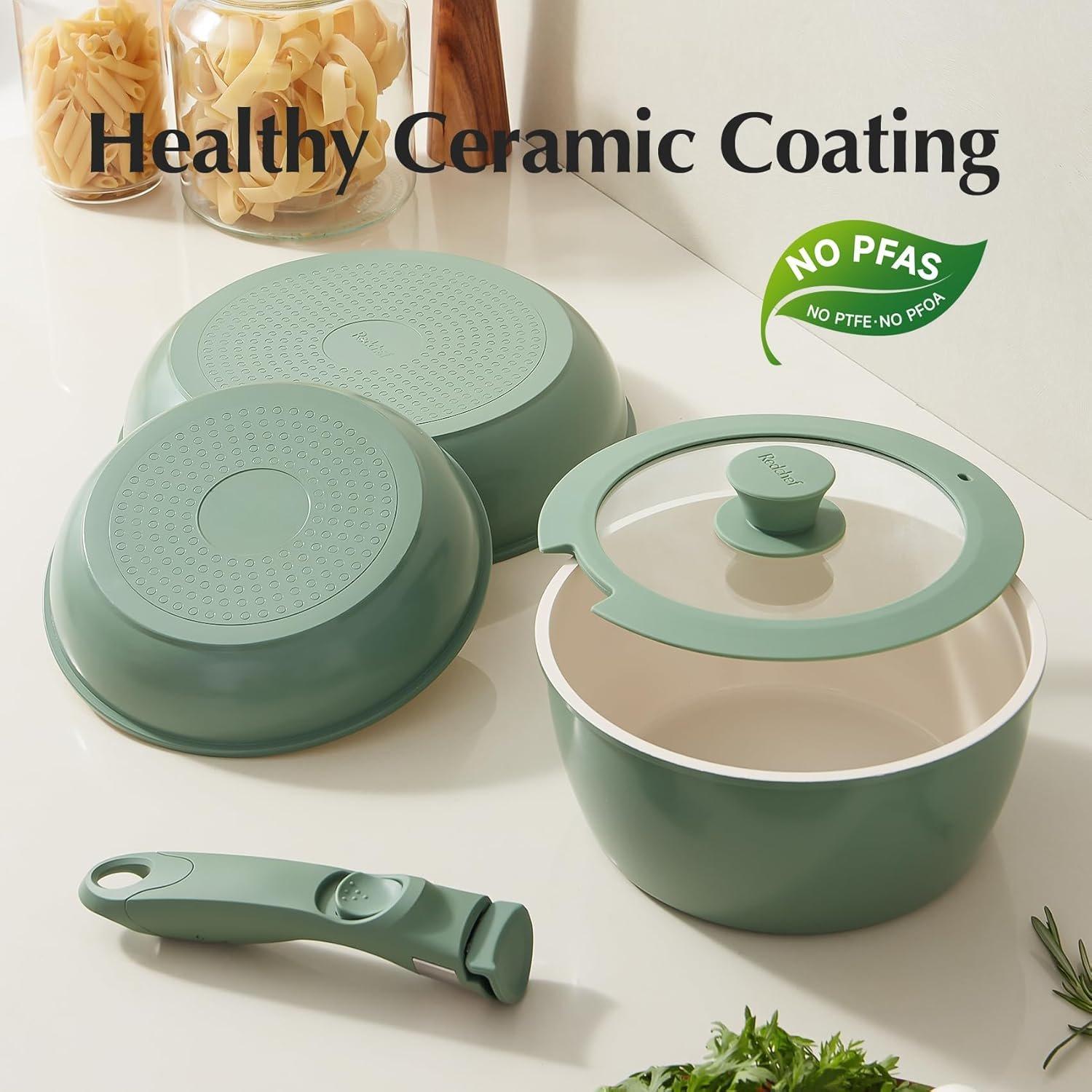 Ceramic Nonstick Pans and Pots Set, Ceramic Cookware Set with Detachable Handles16Pcs, Induction Dishwasher Oven Safe Kitchen Cooking Set, PFOA & PTFE Free, Green Ceramic Nonstick Pans and Pots Set, Ceramic Cookware Set with Detachable Handles16Pcs, Induction Dishwasher Oven Safe Kitchen Cooking Set, PFOA & PTFE Free, Green