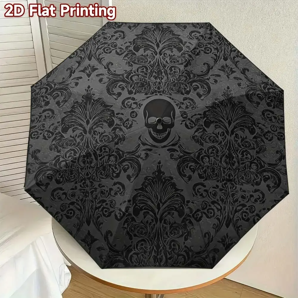 Automatic Open-Close Folding Umbrella with Gothic Skull and Bat Wing Design – Heavy-Duty Iron Frame, 8-Rib Compact Travel Umbrella, Auto Close/Open, Black with Gold Accents (No 3D Flip) – Ideal for 2D Flat Use