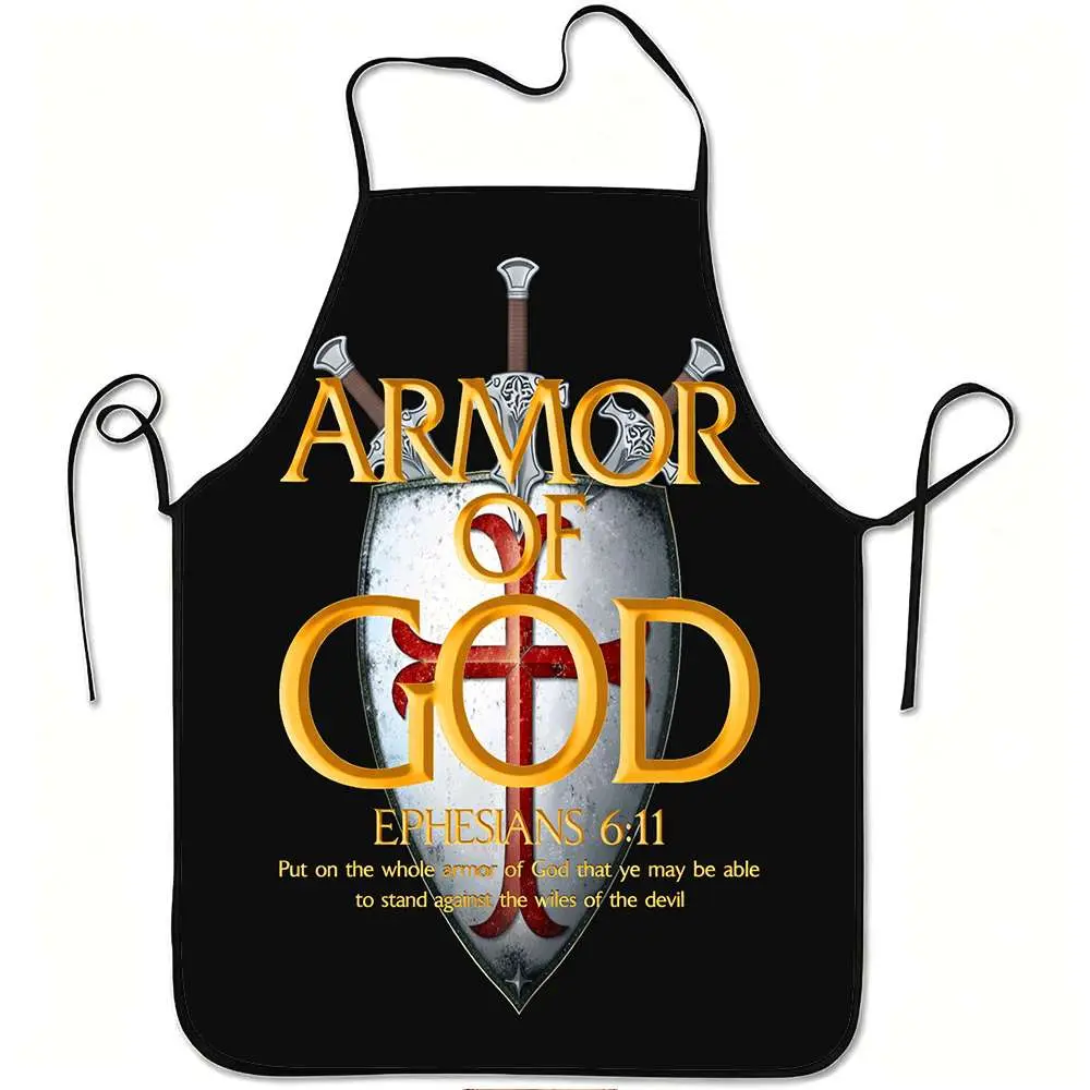 1pc Armor of God Shield Cross Print Apron with Shield & Cross Back - Adjustable Waistband, Durable Easy-Clean Polyester Suitable for Kitchen Cooking, Gardening, Orchard, Christmas, Halloween Bib for &