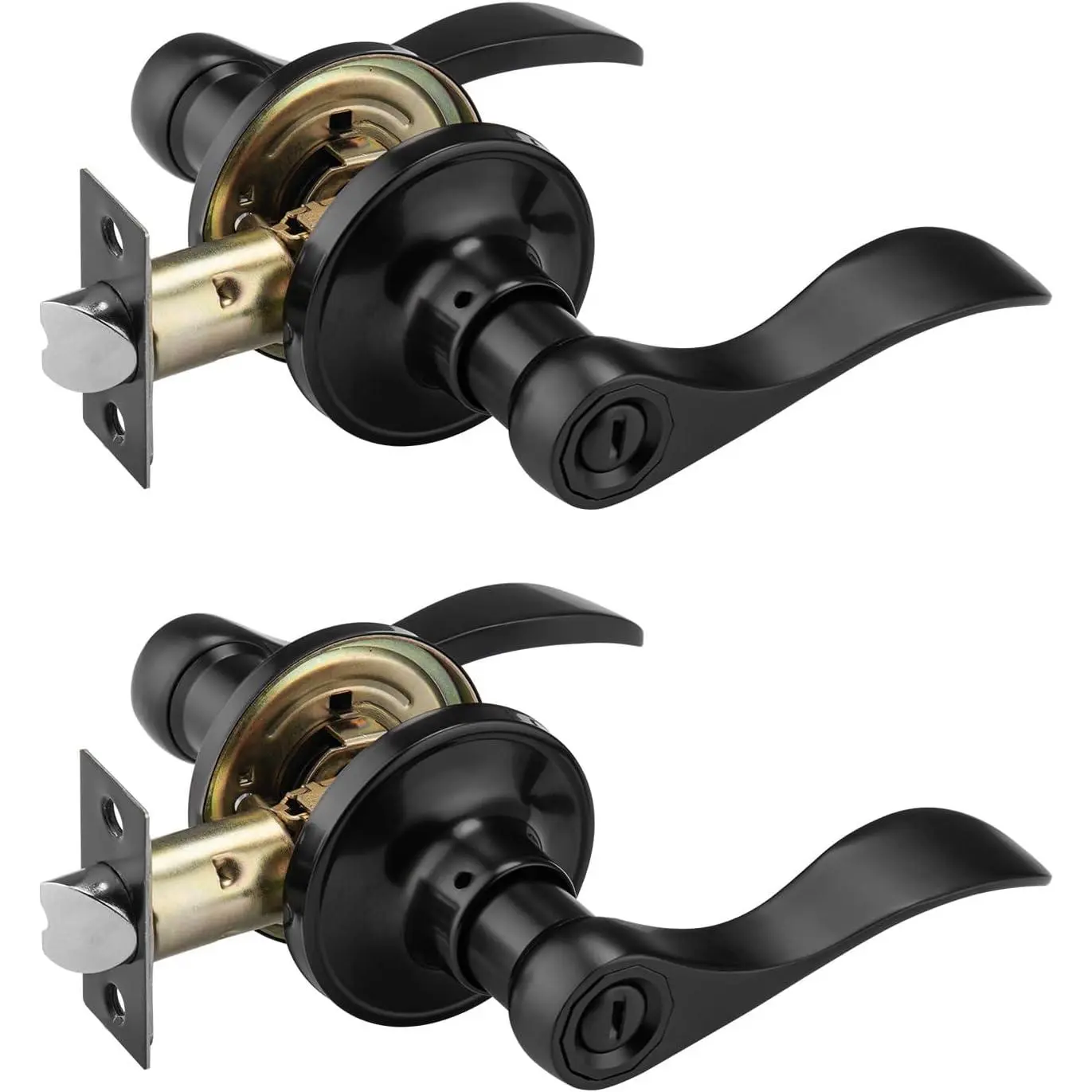 2 Pack Black Door Handle Interior, Wave Door Lever Door Knob with Lock,  Door Handle for Bath & Bedroom