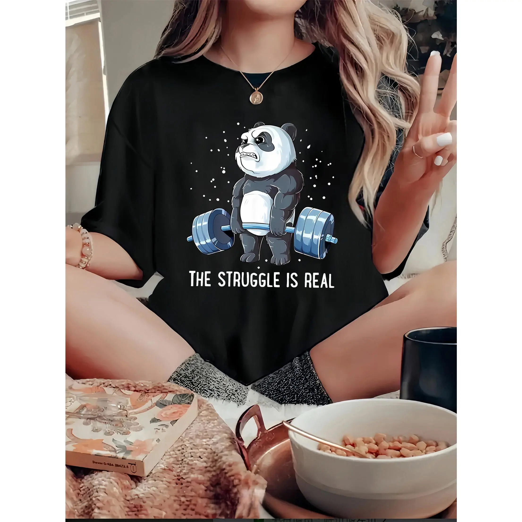 Women's Short Sleeve Cotton Knit Top - Black Round Neck Relaxed Fit T-Shirt with Funny Gym Panda & "The Struggle Is Real" Slogan Print, Machine Washable for Summer Workouts, Lounge Wear, Shortsleeve, Regular Fit