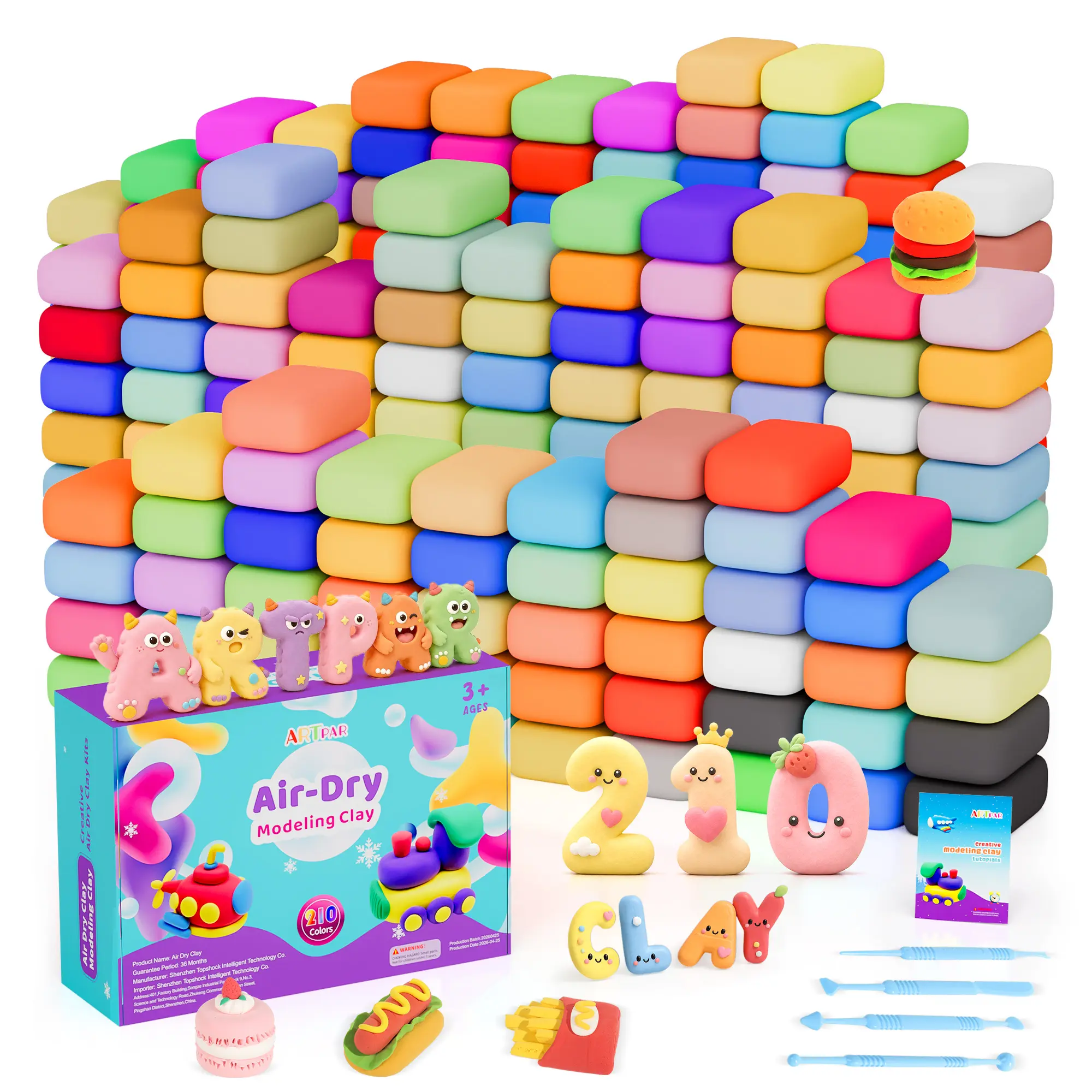 ARTPAR Air Dry Clay for Kids, 210 pcs Modeling Magic Clay Kit,DIY Molding Colorful Clay Set With 4 Sculpting Tools, Resealable bags, Soft & Lightweight ,School Projects, Bulk Class Supplies for Teachers, Day Cares, Camps