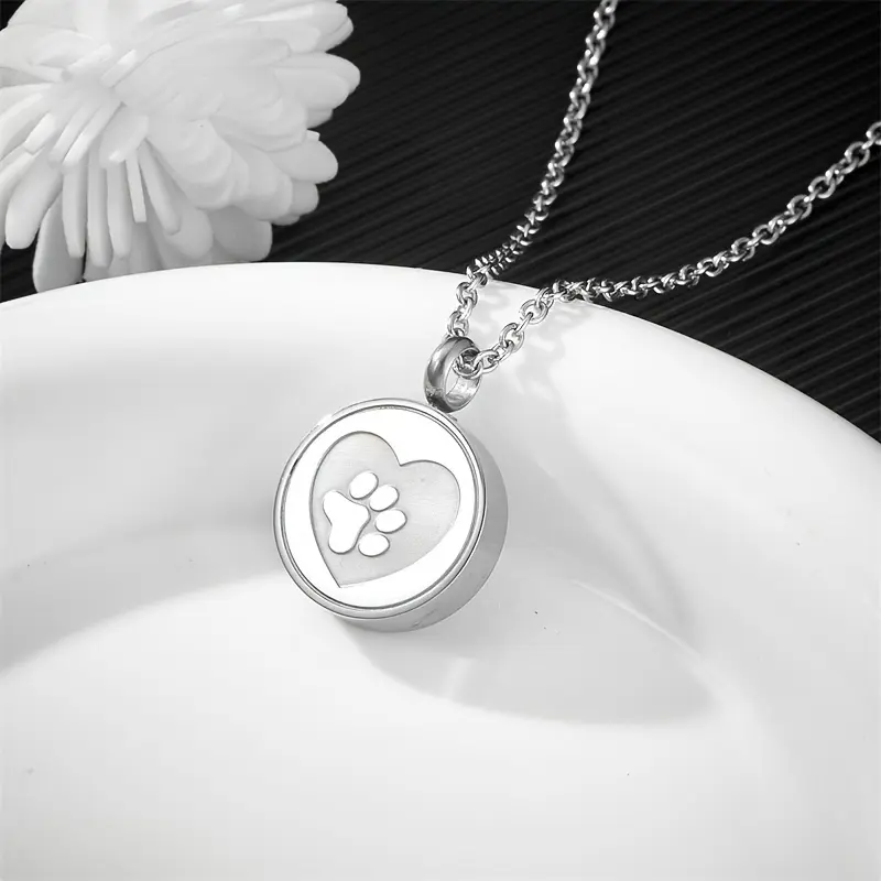 1pc 304 Stainless Steel Round Heart-shaped Paw Print Necklace, 304 Stainless Steel Memorial Necklace, Cremation Jewelry, Urn Pendant, a Commemorative Gift for Holding Ashes or Hair, Waterproof and Corrosion-resistant, with a Filling Funnel Accessory