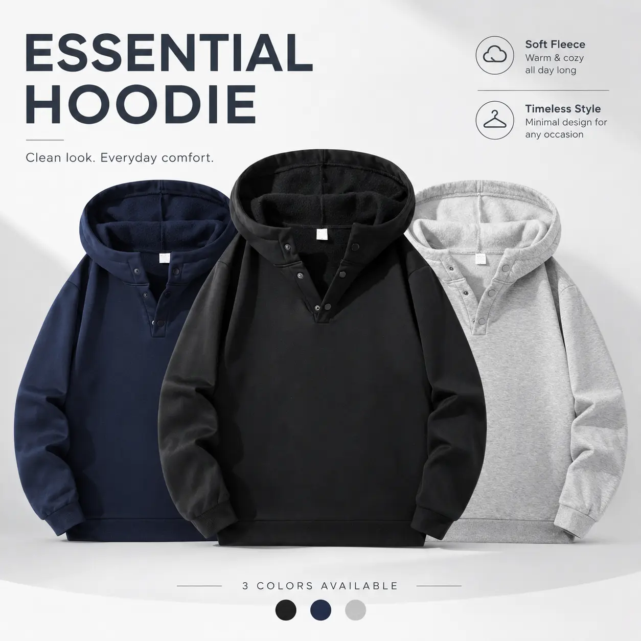 Men's Henley Collar Pullover Hoodie Soft Fleece Casual Long Sleeve Sweatshirt