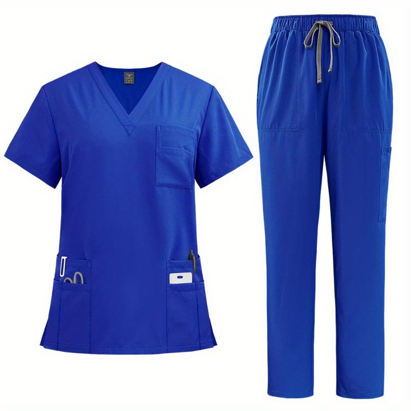 New2025Women's Professional Scrubs Suit - Comfortable Fit, V-neck Top With Pockets And Straight-leg Pants Doctors And Nurses