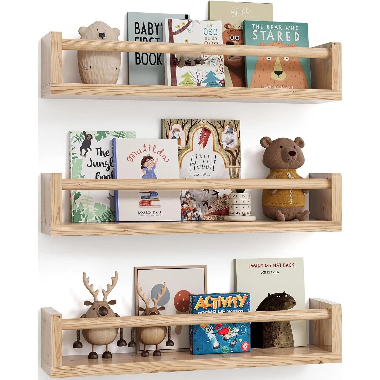 Nursery Book Shelves, Set of 3, Hanging Bookshelf, Wall Book Shelves for Bedroom Kids, Floating Shelf for Wall, Nursery Decor