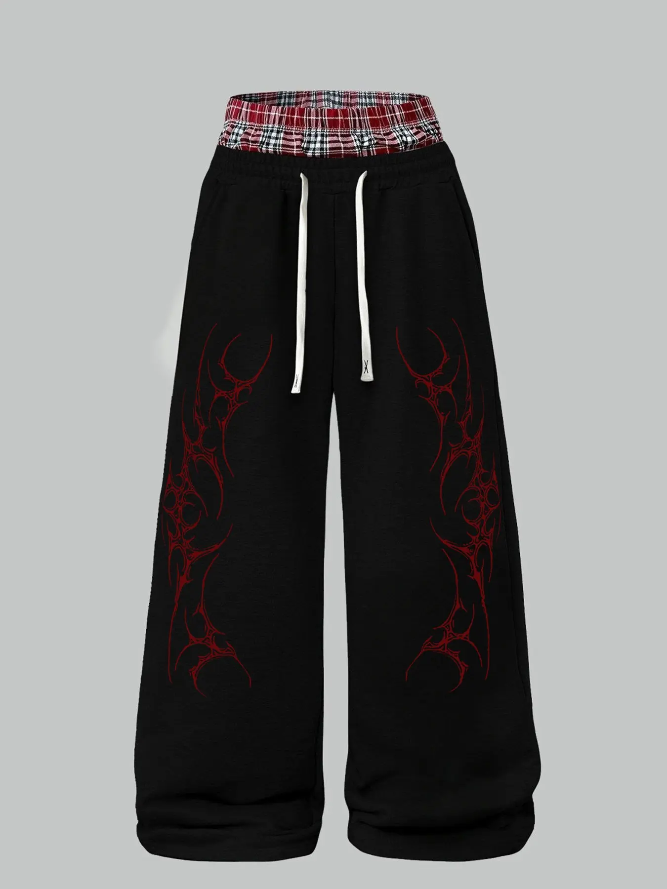 Women's Gothic Y2K Two-Piece Set, Round Neck Slim Fit Long Sleeve Top + Loose Casual Pants, Vintage Plaid Dual Waist Design, Fall Fashion