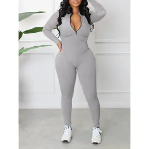 Women's Sporty Zipper Jumpsuit, Workout Jumpsuit, New Arrival European Style, Comfortable One-Piece, Ideal for Active Wear & Casual Use, Sporty Comfy Jumpsuit, Sports Jumpsuits, Tight Fitting Jumpsuit